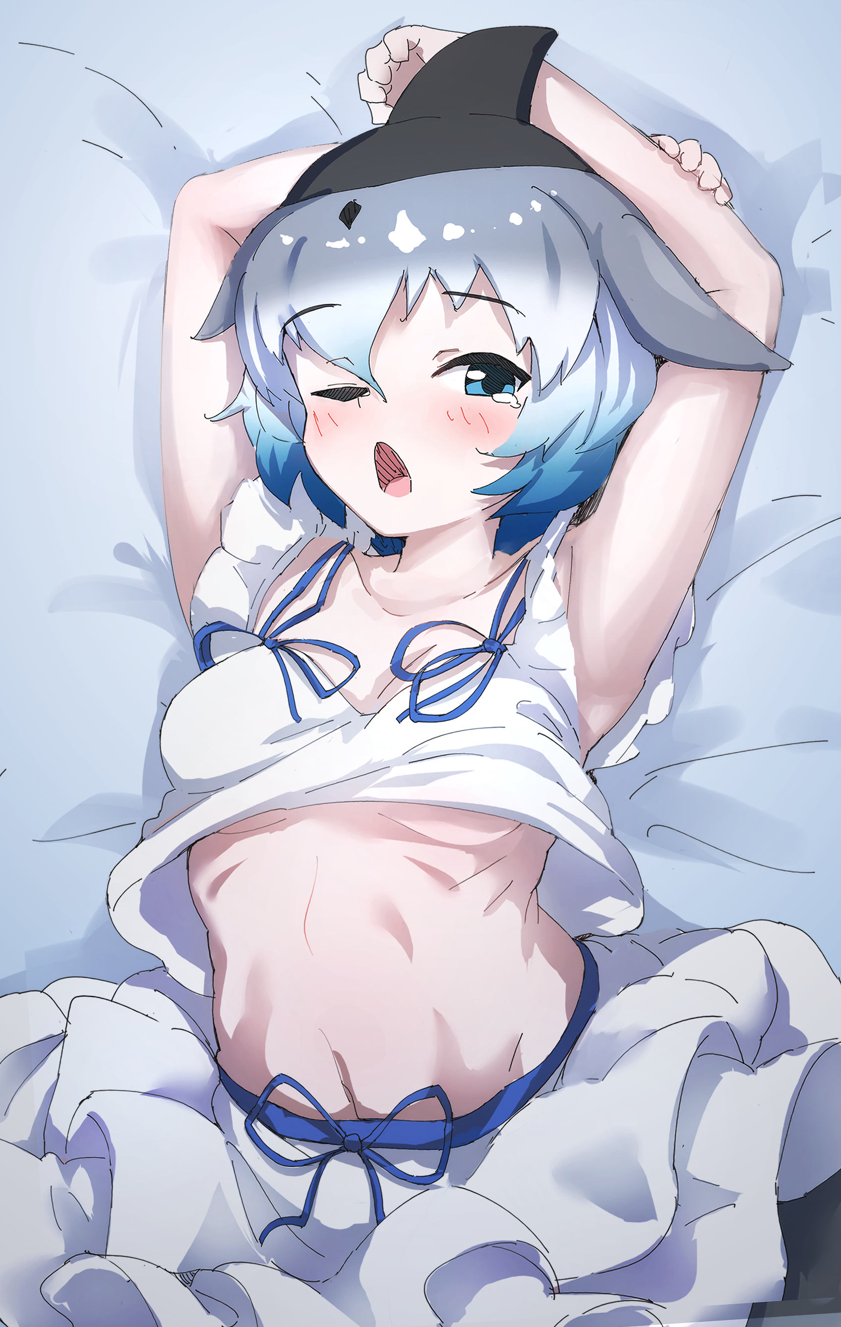 lowlandgorilla, common bottlenose dolphin (kemono friends), kemono friends, absurdres, commentary request, highres, 1girl, arms up, blue eyes, blue hair, blush, cetacean tail, dolphin girl, fins, fish tail, grey hair, head fins, looking at viewer, multicolored hair, navel, on bed, one eye closed, ribbon, shirt, short hair, skirt, solo, tail, two-tone hair