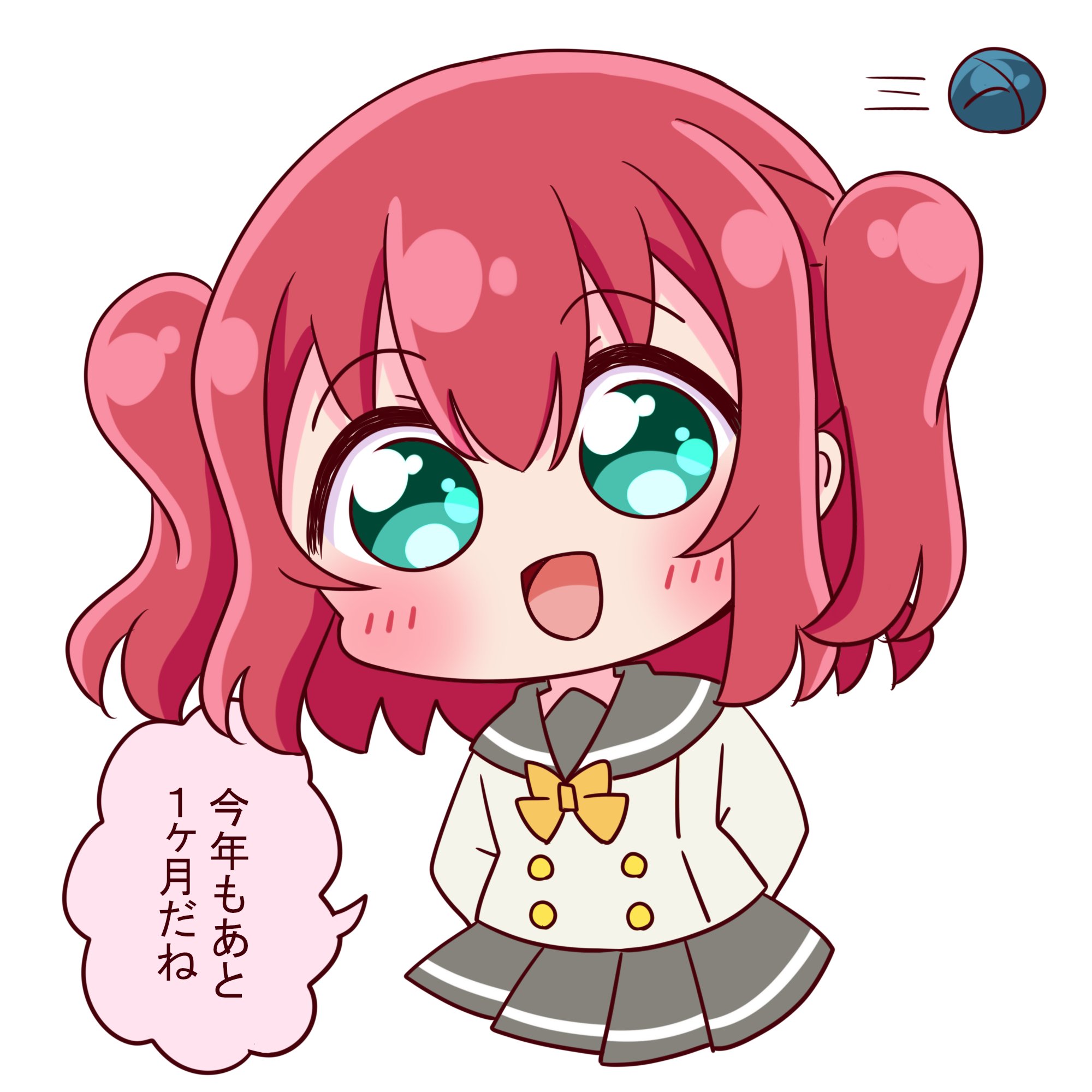 suppii, kurosawa ruby, tsushima yoshiko, love live!, love live! sunshine!!, commentary request, highres, translation request, 1girl, :d, aqua eyes, blush, bow, bowtie, buttons, chibi, chibi only, colored speech bubble, detached hair, double-breasted, grey sailor collar, grey skirt, miniskirt, open mouth, pleated skirt, red hair, sailor collar, school uniform, serafuku, shirt, skirt, smile, solo, speech bubble, uranohoshi school uniform, white shirt, winter uniform, yellow bow, yellow bowtie