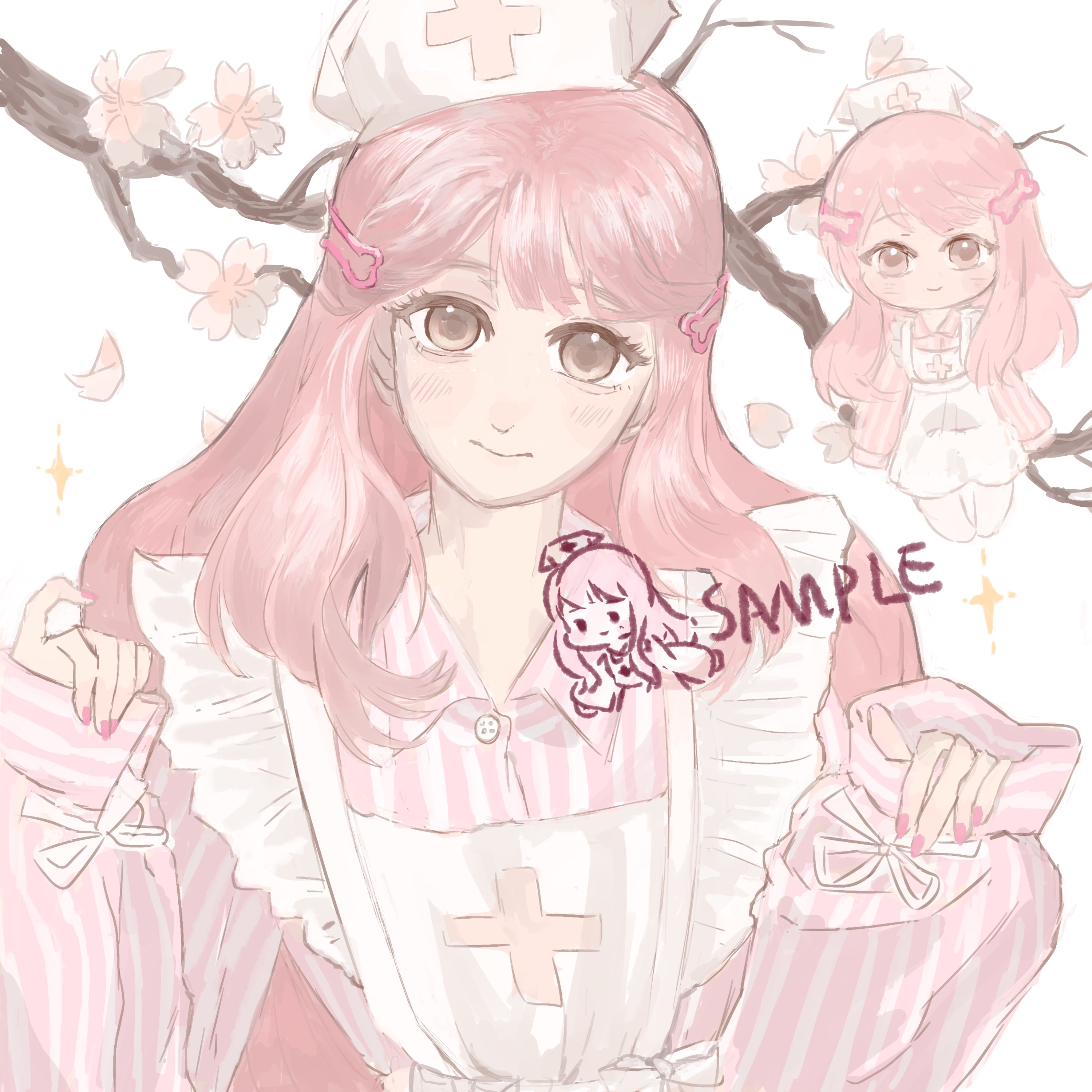 nikki (nikki), nikki (series), absurdres, chinese commentary, commentary request, highres, 1girl, bone hair ornament, branch, brown eyes, cherry blossoms, chibi, closed mouth, collared shirt, cross, cross print, eyelashes, flower, frilled straps, hair ornament, hairclip, happy, hat, light blush, lips, long hair, long sleeves, miaoliang01075, multiple views, nail polish, nurse, nurse cap, overalls, petals, pink flower, pink hair, pink nails, pink shirt, print headwear, print overalls, puffy long sleeves, puffy sleeves, ribbon, sample watermark, shirt, sidelocks, sleeve ribbon, sleeves past wrists, smile, sparkle, striped clothes, striped shirt, two-tone shirt, upper body, vertical-striped clothes, vertical-striped shirt, very long hair, watermark, wavy hair, white background, white hat, white overalls, white ribbon, white shirt