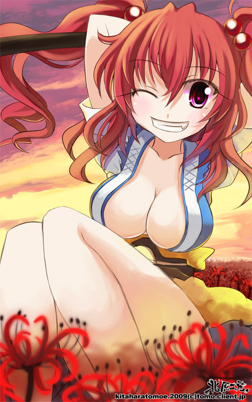 kitahara tomoe (kitahara koubou), onozuka komachi, touhou, 1girl, breasts, cleavage, fang, fangs, female focus, flower, grin, large breasts, one eye closed, purple eyes, red flower, red hair, smile, solo, spider lily, sunset, twintails, two side up, wink