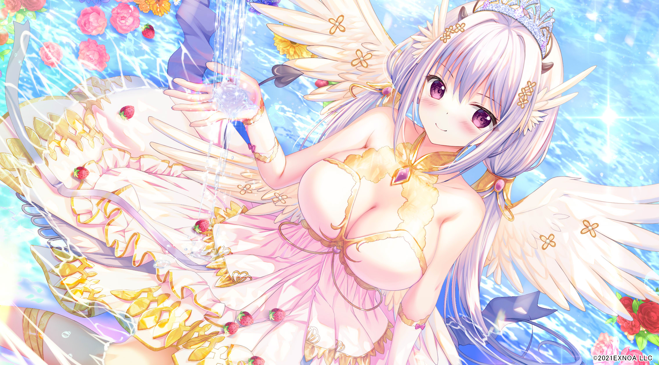 sousouman, angelic link, commentary request, highres, 1girl, breasts, cleavage, dress, feathered wings, flower, food, frilled dress, frills, fruit, hair between eyes, hair wings, large breasts, looking at viewer, partially submerged, pink dress, pink flower, pink rose, purple eyes, purple hair, red flower, red rose, rose, sidelocks, sitting, solo, strawberry, tiara, water, wet, white wings, wings