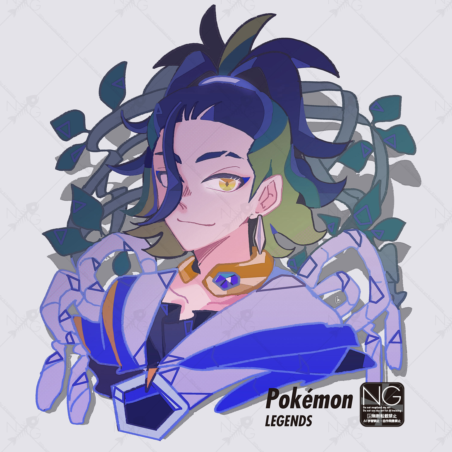 meme (sleepsheep), adaman (pokemon), nintendo, pokemon, pokemon legends: arceus, commentary request, highres, 1boy, blue coat, blue hair, brown eyes, closed mouth, coat, collarbone, cropped shoulders, eyebrow cut, green hair, jewelry, leaf, looking at viewer, male focus, multicolored hair, neck ring, shirt, smile, yellow eyes
