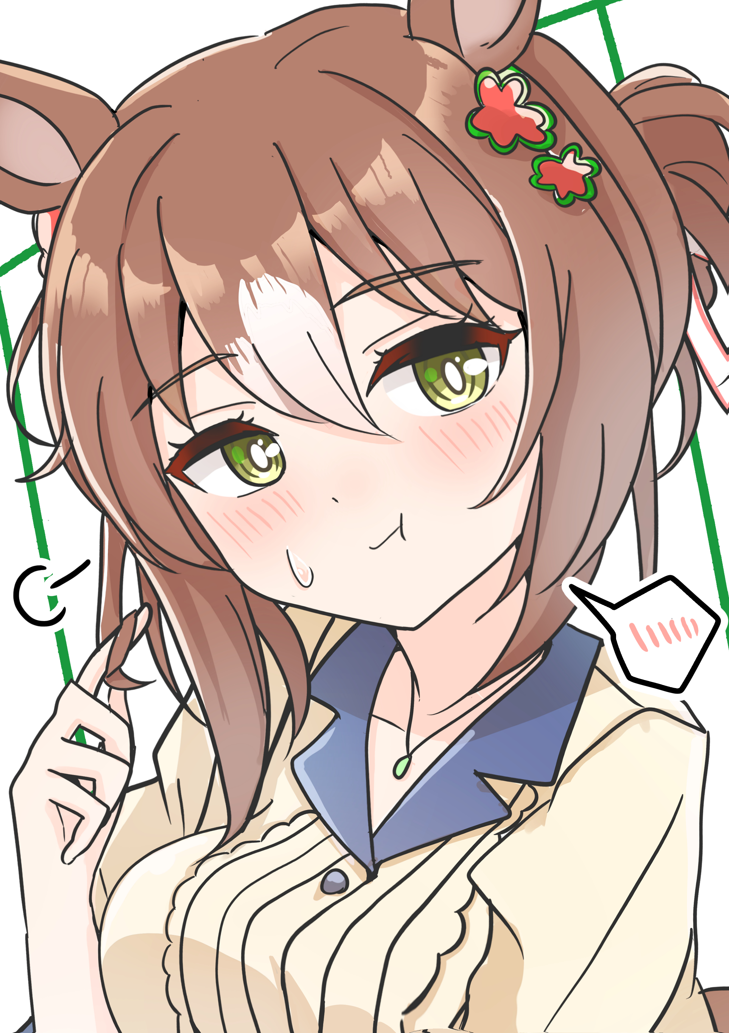 arnolddayo, fine motion (umamusume), umamusume, absurdres, commentary request, highres, 1girl, animal ears, blush, breasts, brown hair, closed mouth, clover hair ornament, collarbone, green eyes, hair between eyes, hair bun, hair ornament, horse ears, horse girl, jewelry, looking at viewer, medium breasts, medium hair, multicolored hair, necklace, shirt, solo, speech bubble, sweatdrop, upper body, white hair