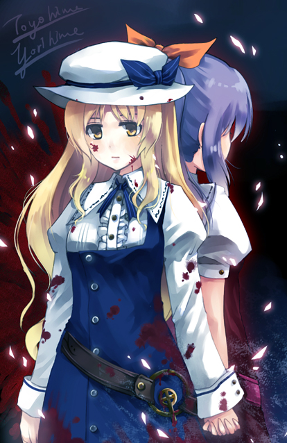 jing hu, kiyoshi mizuumi +, watatsuki no toyohime, watatsuki no yorihime, silent sinner in blue, touhou, bad id, bad pixiv id, 2girls, belt, blonde hair, blood, female focus, hat, holding hands, long hair, multiple girls, purple hair, yellow eyes