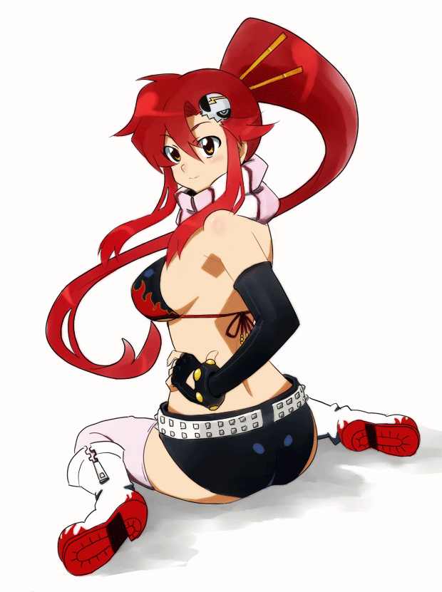 kazunari, yoko littner, tengen toppa gurren lagann, 00s, 1girl, ass, back, belt, bikini, bikini top only, boots, breasts, elbow gloves, female focus, fingerless gloves, gloves, hair ornament, large breasts, long hair, midriff, pink thighhighs, ponytail, red hair, scarf, shadow, short shorts, shorts, sideboob, sitting, skull hair ornament, solo, studded belt, swimsuit, thighhighs, wariza, zipper