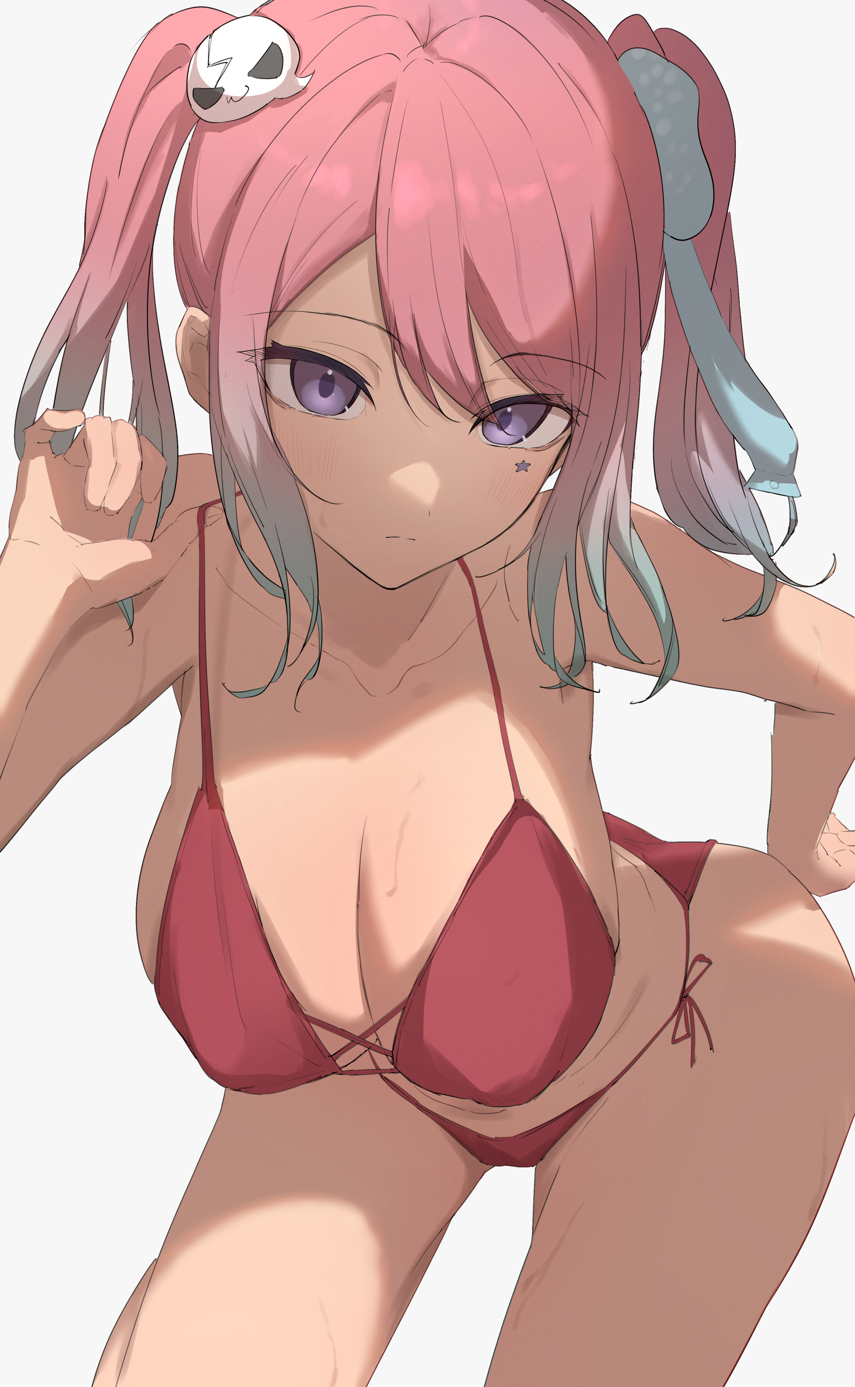 kaekae kaeru, reiyu guigui, indie virtual youtuber, absurdres, commentary, commission, highres, skeb commission, 1girl, bikini, blue hair, breasts, cleavage, cowboy shot, cross-laced bikini, cross-laced clothes, facial mark, ghost hair ornament, gradient hair, grey background, hair ornament, large breasts, looking at viewer, mark under eye, multicolored hair, pink hair, purple eyes, red bikini, side-tie bikini bottom, sidelocks, simple background, solo, star (symbol), star facial mark, swimsuit, twintails, virtual youtuber