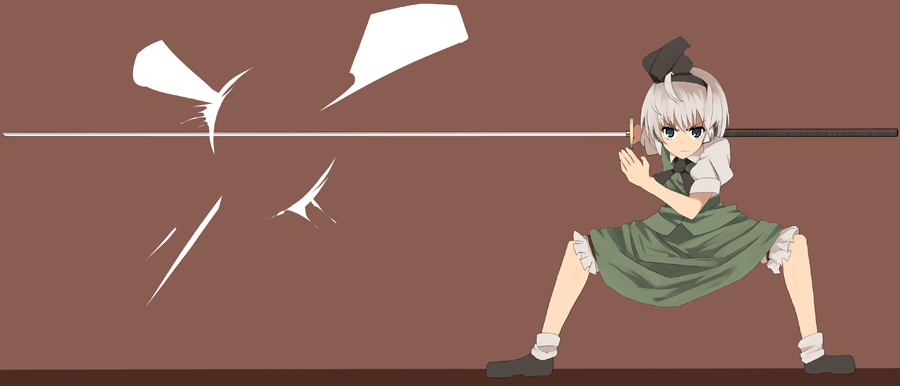 mieharu, konpaku youmu, touhou, silver hair, 1girl, blue eyes, female focus, hairband, katana, short hair, solo, sword, weapon