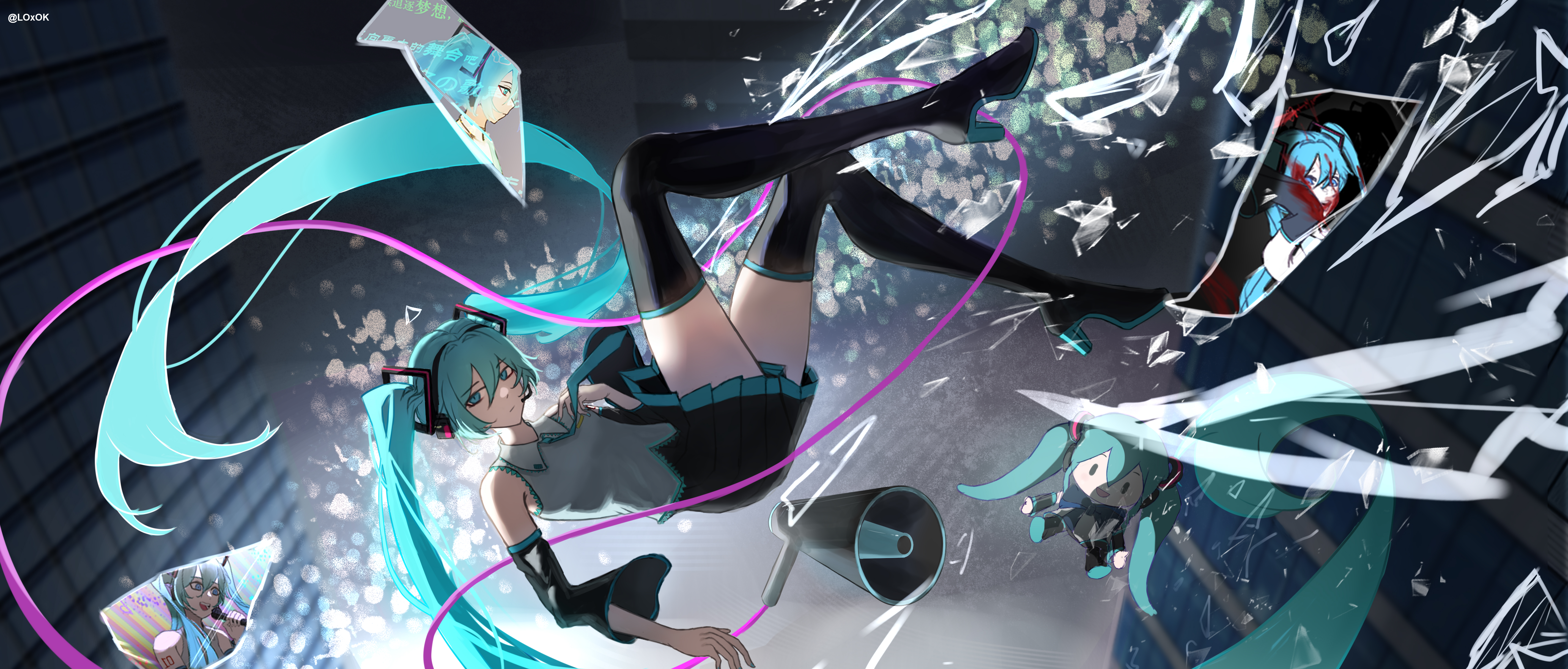 sikdis, hatsune miku, vocaloid, absurdres, commentary request, highres, 1girl, aqua eyes, aqua hair, aqua necktie, black boots, black skirt, black sleeves, boots, character doll, character name, collared shirt, detached sleeves, doll, floating hair, grey shirt, hair between eyes, hair ornament, long hair, long sleeves, miniskirt, necktie, pleated skirt, shirt, skirt, sleeveless, sleeveless shirt, thigh boots, twintails, very long hair