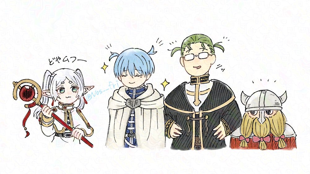 nos fri, eisen (sousou no frieren), frieren, heiter, himmel (sousou no frieren), sousou no frieren, commentary request, 1girl, 3boys, :3, armor, beard, beard bow, belt, black belt, black robe, blonde hair, blue hair, blue jacket, bow, capelet, chibi, chibi only, cloak, closed eyes, closed mouth, cropped torso, dwarf, earrings, elf, facial hair, fake horns, glasses, gold trim, green eyes, green hair, grey hair, hands on own hips, holding, holding staff, horned headwear, horns, jacket, jewelry, long hair, looking at another, mole, mole under eye, multiple boys, parted bangs, parted lips, pink bow, pointy ears, robe, shirt, short eyebrows, short hair, short twintails, shoulder armor, skirt, smile, sparkle, staff, striped clothes, striped shirt, thick eyebrows, twintails, white background, white capelet, white cloak, white jacket, white skirt