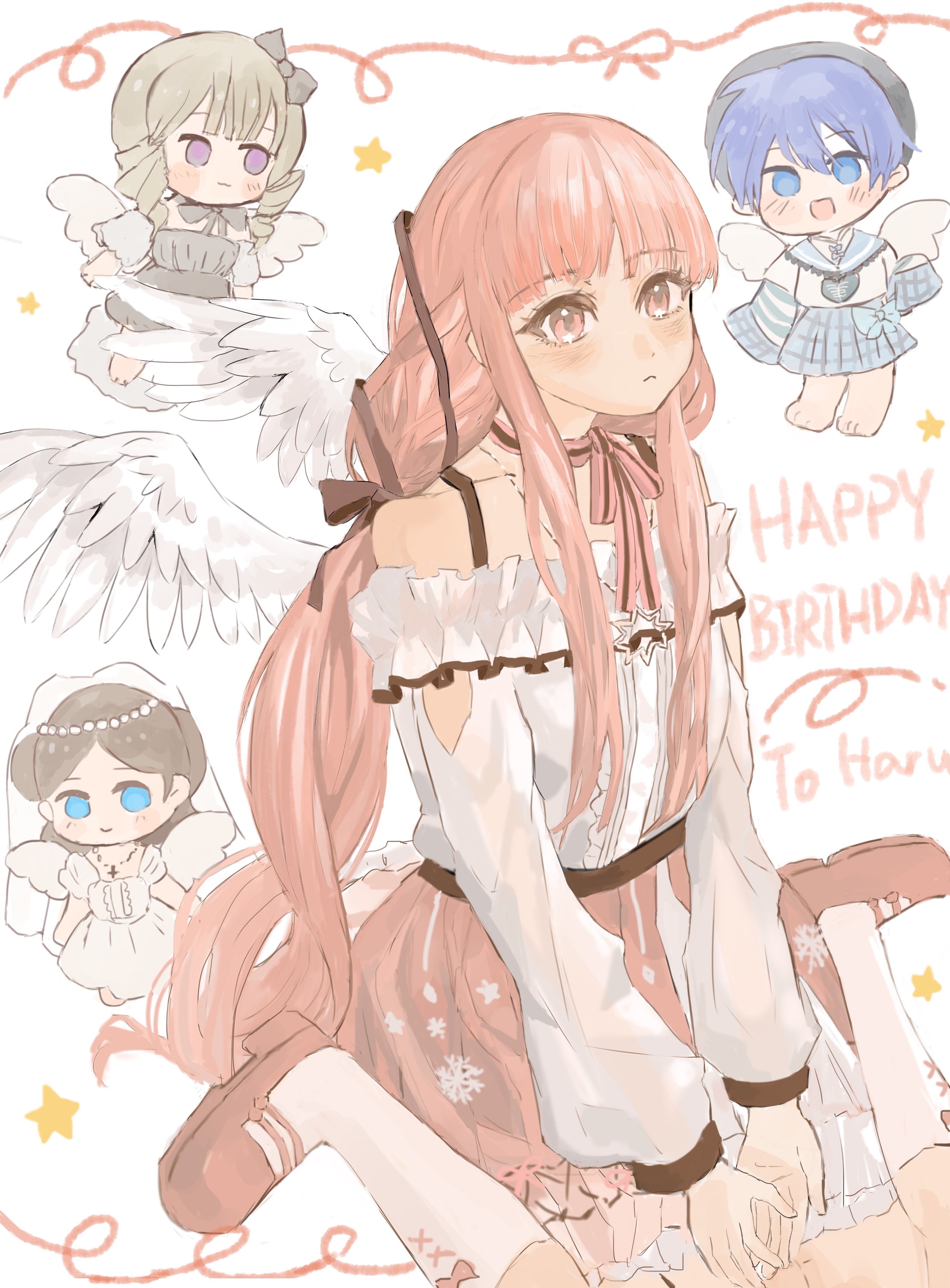 nikki (nikki), perfect start (infinity nikki), infinity nikki, nikki (series), absurdres, commentary request, highres, 4girls, angel wings, arm cutout, ascot, barefoot, bead necklace, beads, beret, black bow, black dress, black hat, blonde hair, blue ascot, blue bow, blue eyes, blue hair, blue sailor collar, blue skirt, blue sleeves, blunt bangs, bow, bow choker, bow legwear, bow skirt, bowtie, bra strap, bridal veil, bride, brown bow, brown eyes, brown hair, brown ribbon, cartoon wings, center frills, chibi, choker, circlet, closed mouth, clothing cutout, cross, cross-laced clothes, cross-laced legwear, cross necklace, detached sleeves, dot nose, dress, drill hair, english text, expressionless, eyelashes, feathered wings, frilled sailor collar, frilled shirt, frilled skirt, frills, frown, full body, fur sleeves, gift art, grey sleeves, hair beads, hair bow, hair ornament, hair over shoulder, hair ribbon, happy birthday, hat, hexagram, high-waist skirt, high heels, hire, jewelry, kneehighs, layered skirt, layered sleeves, light blush, long hair, long sidelocks, long sleeves, looking at viewer, medium dress, medium hair, medium skirt, miaoliang01075, miniskirt, multiple girls, necklace, off-shoulder shirt, off shoulder, open mouth, pink bow, pink bowtie, pink choker, pink hair, pink shoes, pink skirt, plaid clothes, plaid skirt, pleated skirt, print skirt, puffy long sleeves, puffy sleeves, pumps, purple eyes, ribbon, sailor collar, see-through clothes, see-through sleeves, shirt, shoes, short over long sleeves, short sleeves, sidelocks, simple background, single stripe, sitting, skirt, sleeves past fingers, sleeves past wrists, smile, snowflake print, socks, star (symbol), star necklace, striped bow, striped bowtie, striped choker, striped clothes, striped sleeves, stylist (nikki), tress ribbon, twin drills, two-tone sleeves, veil, very long hair, wariza, wavy hair, white background, white dress, white shirt, white skirt, white socks, white veil, white wings, wings