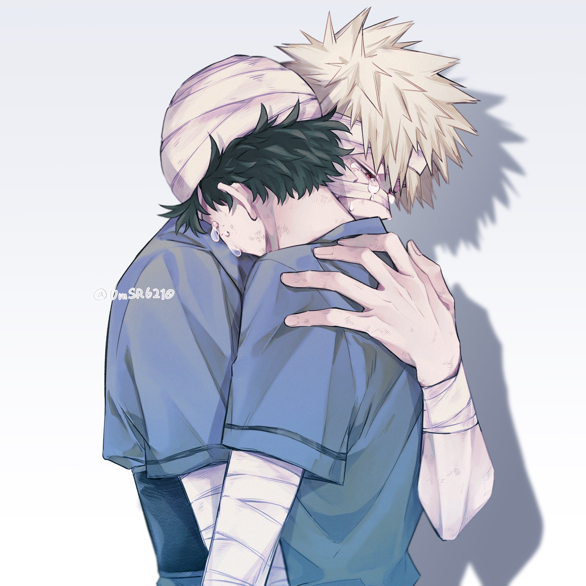 bakugou katsuki, midoriya izuku, boku no hero academia, commentary request, highres, 2boys, arm around back, bandaged arm, bandaged hand, bandaged wrist, bandages, blonde hair, blue shirt, bruise, bruise on face, crying, freckles, green hair, hair between eyes, half-closed eyes, hug, injury, male focus, multiple boys, red eyes, shirt, short hair, short sleeves, spiked hair, t-shirt, tears, twitter username, umsr6210, upper body, yaoi
