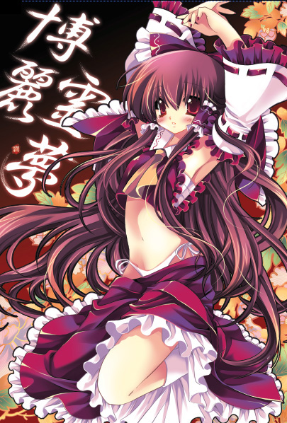 sakurano ru, hakurei reimu, touhou, 1girl, bow, brown hair, character name, detached sleeves, female focus, hair bow, japanese clothes, long hair, miko, panties, red eyes, sarashi, side-tie panties, solo, underwear