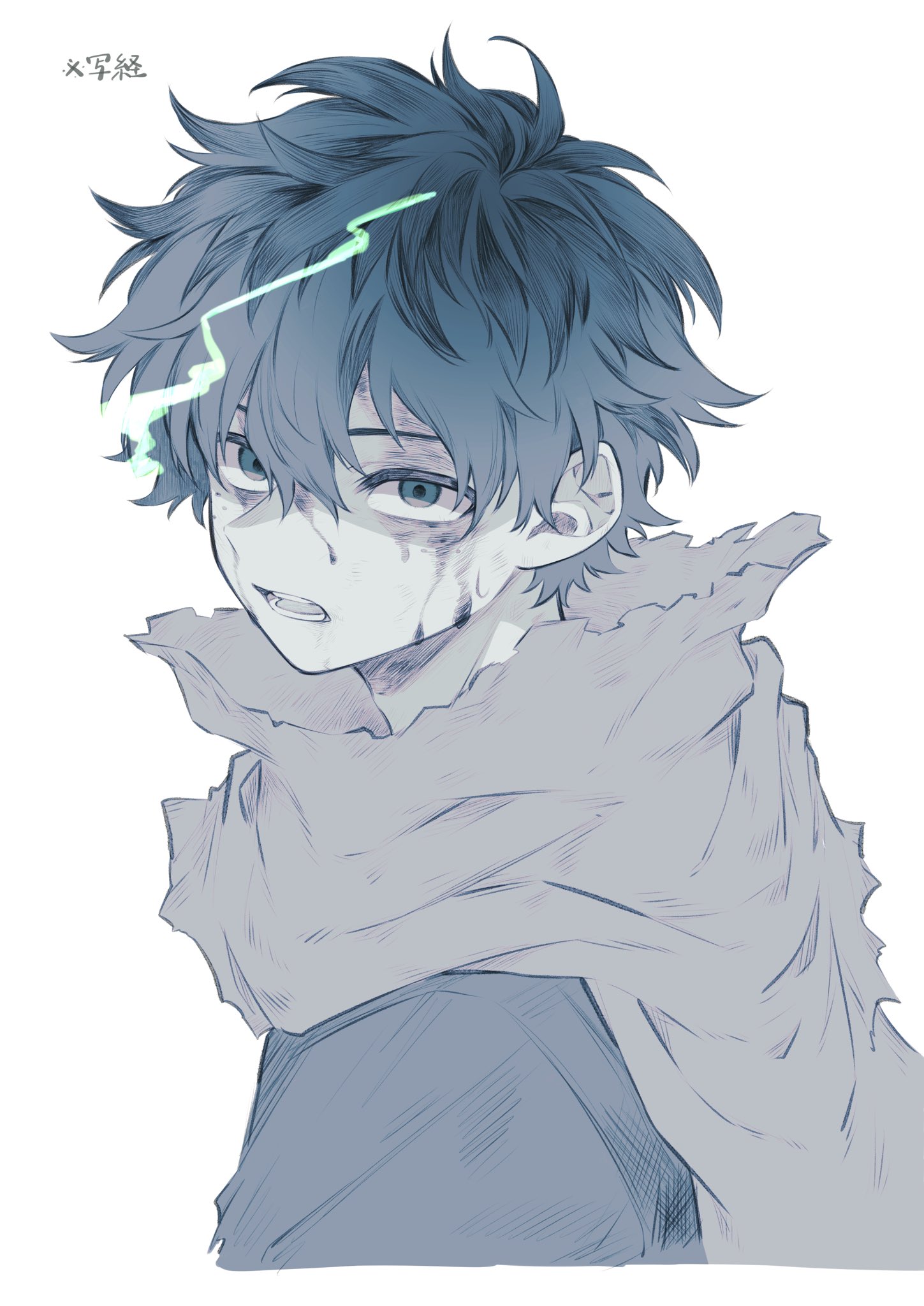 midoriya izuku, boku no hero academia, commentary request, highres, 1boy, blood, blood on face, cropped torso, dirty, dirty face, freckles, grey shirt, hair between eyes, looking at viewer, male focus, open mouth, shirt, short hair, solo, sweat, torn clothes, umsr6210, upper body, wavy hair, white background