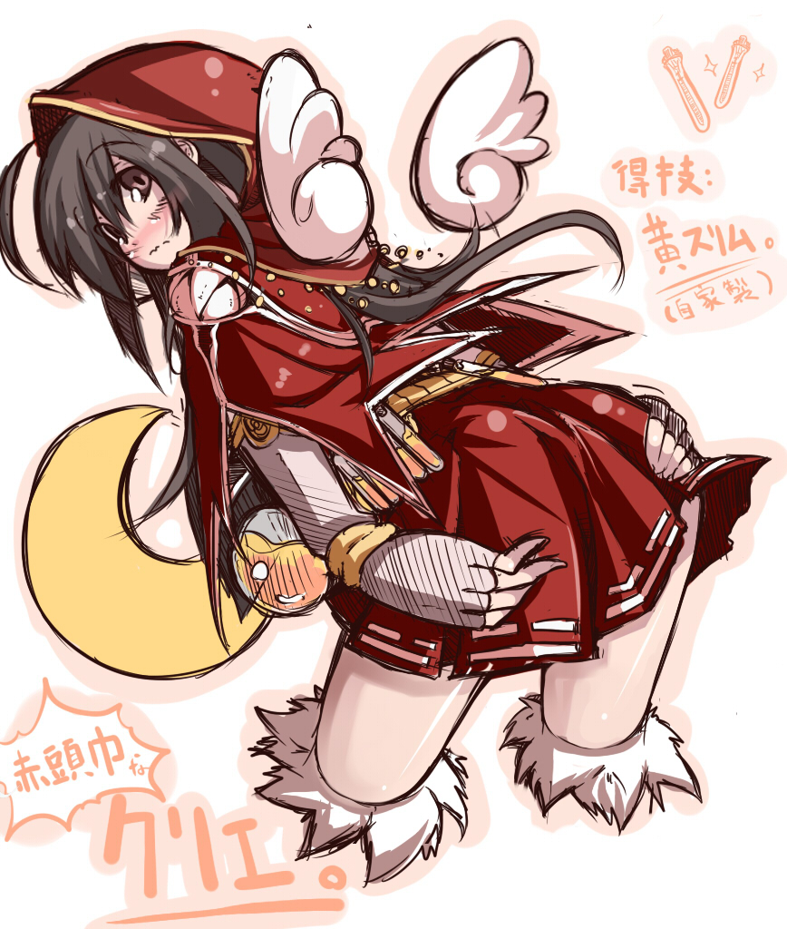 rondo umigame, creator (ragnarok online), ragnarok online, 1girl, angel wings, ass, bent over, black hair, blush, brown eyes, covering ass, covering privates, female focus, gloves, hood, mini angel wings, mini wings, miniskirt, skirt, solo, wavy mouth, wings