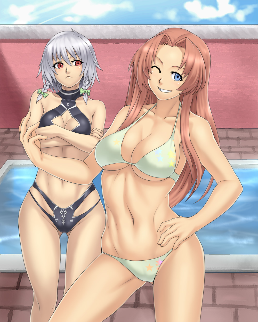 houtengeki, hong meiling, izayoi sakuya, touhou, highres, 2girls, :<, abs, bikini, braid, day, female focus, grin, hand on own hip, hip focus, long hair, multiple girls, navel, one eye closed, smile, swimsuit, twin braids, wink