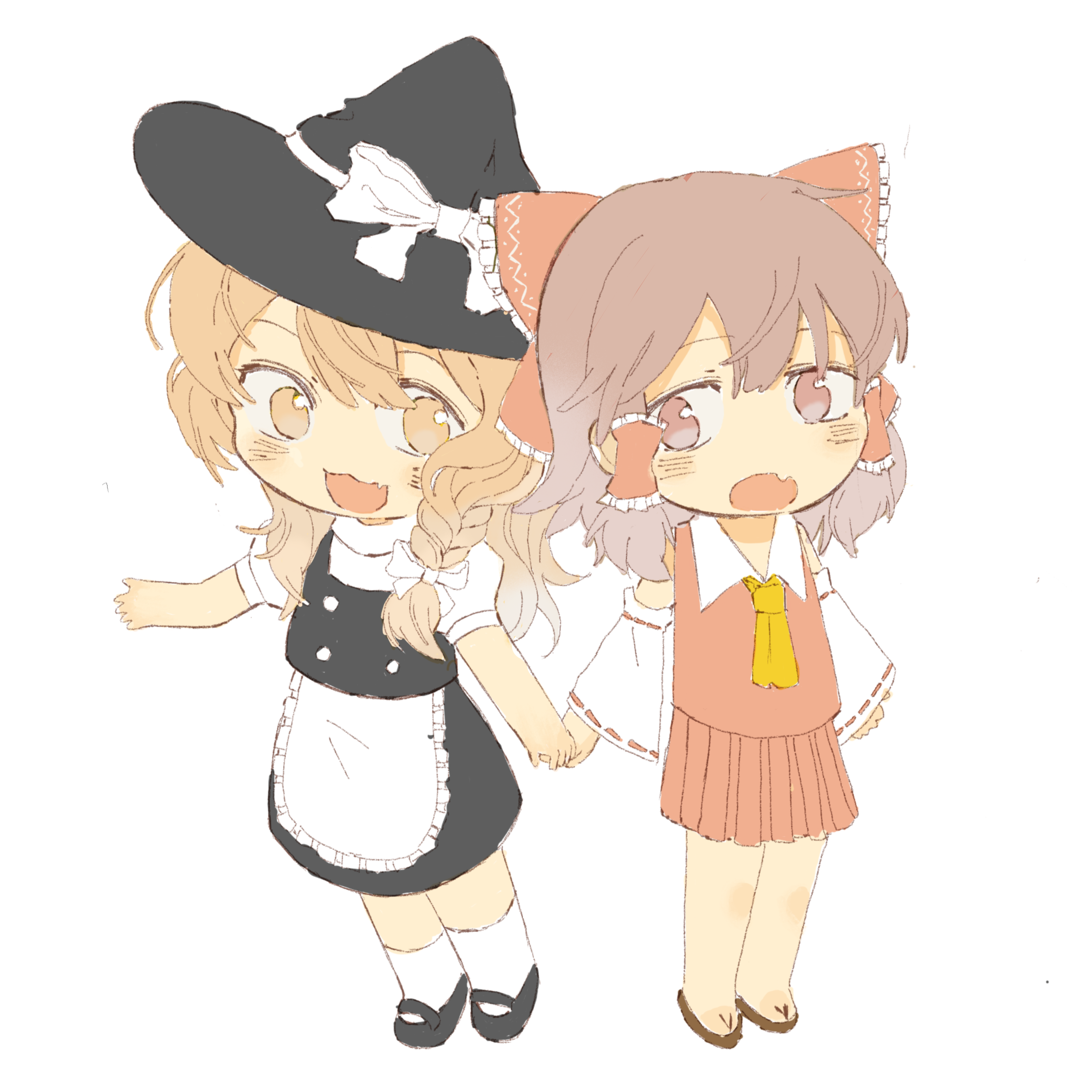 hakurei reimu, kirisame marisa, touhou, absurdres, chinese commentary, commentary request, highres, 2girls, ankle socks, annoyed, apron, ascot, bare arms, bare legs, bare shoulders, black hat, black shoes, black skirt, black vest, blonde hair, bow, braid, brown eyes, brown hair, brown sandals, buttons, chibi, collared shirt, detached sleeves, fang, frilled apron, frilled bow, frilled hair tubes, frills, hair bow, hair tubes, happy, hat, hat bow, high collar, holding hands, large bow, light blush, long hair, long sleeves, looking at another, mary janes, medium hair, miaoliang01075, miniskirt, multiple girls, no socks, open mouth, outstretched arm, pleated skirt, puffy short sleeves, puffy sleeves, red bow, red vest, ribbon-trimmed sleeves, ribbon trim, sandals, shirt, shoes, short sleeves, side braid, simple background, single braid, skin fang, skirt, skirt set, sleeveless, sleeveless shirt, smile, socks, standing, tareme, vest, waist apron, wavy hair, white apron, white background, white bow, white shirt, white sleeves, white socks, wide sleeves, witch hat, yellow ascot, yellow eyes