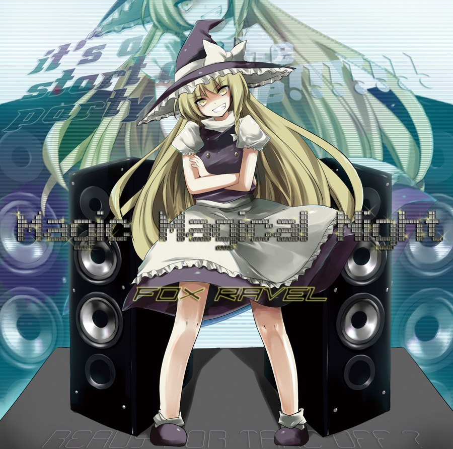 kinoko (hkn), kirisame marisa, touhou, bad id, bad pixiv id, 1girl, blonde hair, crossed arms, female focus, full body, grin, hat, long hair, smile, solo, speaker, witch, witch hat, yellow eyes