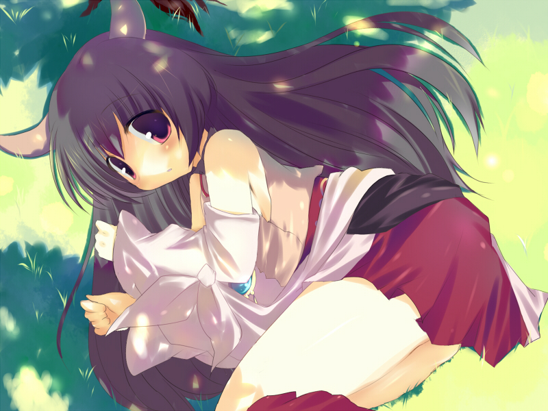 kinoko (hkn), naga (staygarden), ryuujin naga, bad id, bad pixiv id, 1girl, adapted uniform, bare shoulders, black hair, blush, female focus, grass, horns, japanese clothes, long hair, looking back, lying, miko, red eyes, shadow, skirt, solo