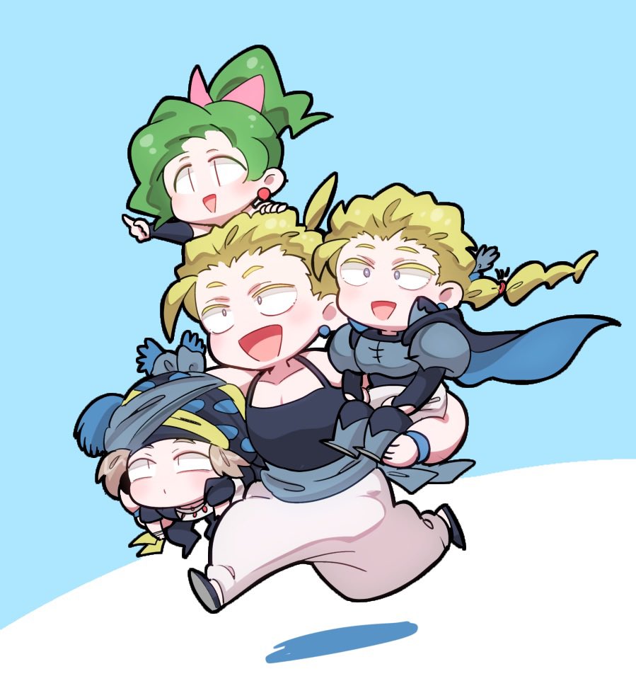 edgar roni figaro, locke cole, sabin rene figaro, tina branford, final fantasy, final fantasy vi, commentary request, 1girl, 3boys, armor, baggy pants, bare shoulders, black cape, black tank top, blonde hair, blue background, blue boots, blue cape, boots, brothers, cape, chibi, chibi only, closed mouth, dot mouth, earrings, green hair, grey hair, hair ribbon, hand on another's head, headscarf, jewelry, katoufeb5, long hair, multi-tied hair, multiple boys, open mouth, pants, parted lips, pectorals, pink ribbon, pointing, ponytail, ribbon, running, short hair, shoulder armor, siblings, sitting, smile, tank top, twins, two-sided cape, two-sided fabric, white pants