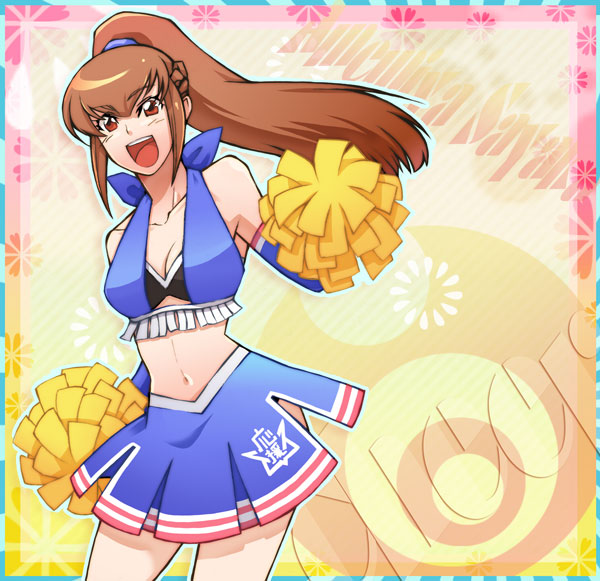 yabu, amemiya sayaka, osu! tatakae! ouendan, bad id, bad pixiv id, brown hair, cheerleader, navel, pom pom (cheerleading), ponytail, solo