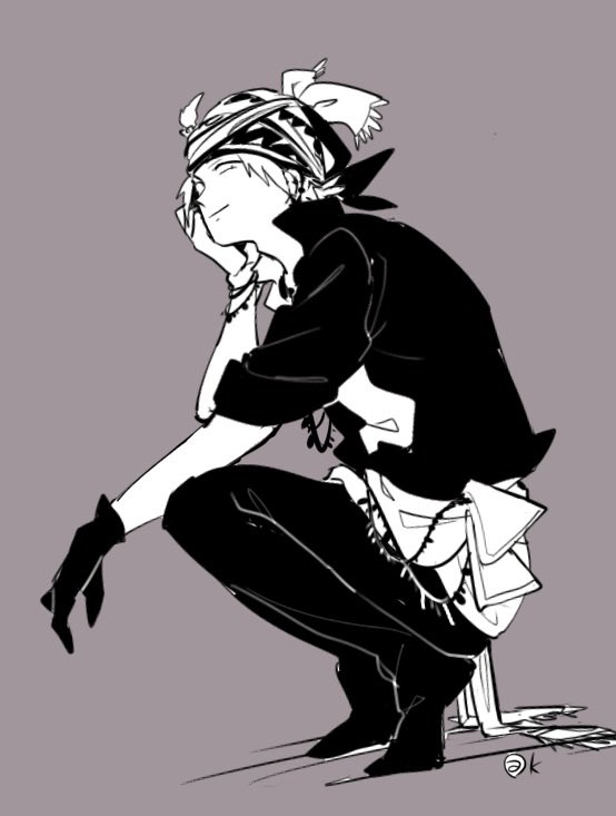 locke cole, final fantasy, final fantasy vi, commentary request, 1boy, black boots, black gloves, black jacket, black pants, boots, closed mouth, full body, gloves, grey background, greyscale, head on hand, headscarf, jacket, katoufeb5, light smile, looking at viewer, male focus, monochrome, pants, parted bangs, sash, shirt, short hair, sleeves rolled up, solo, squatting, waist sash, white shirt