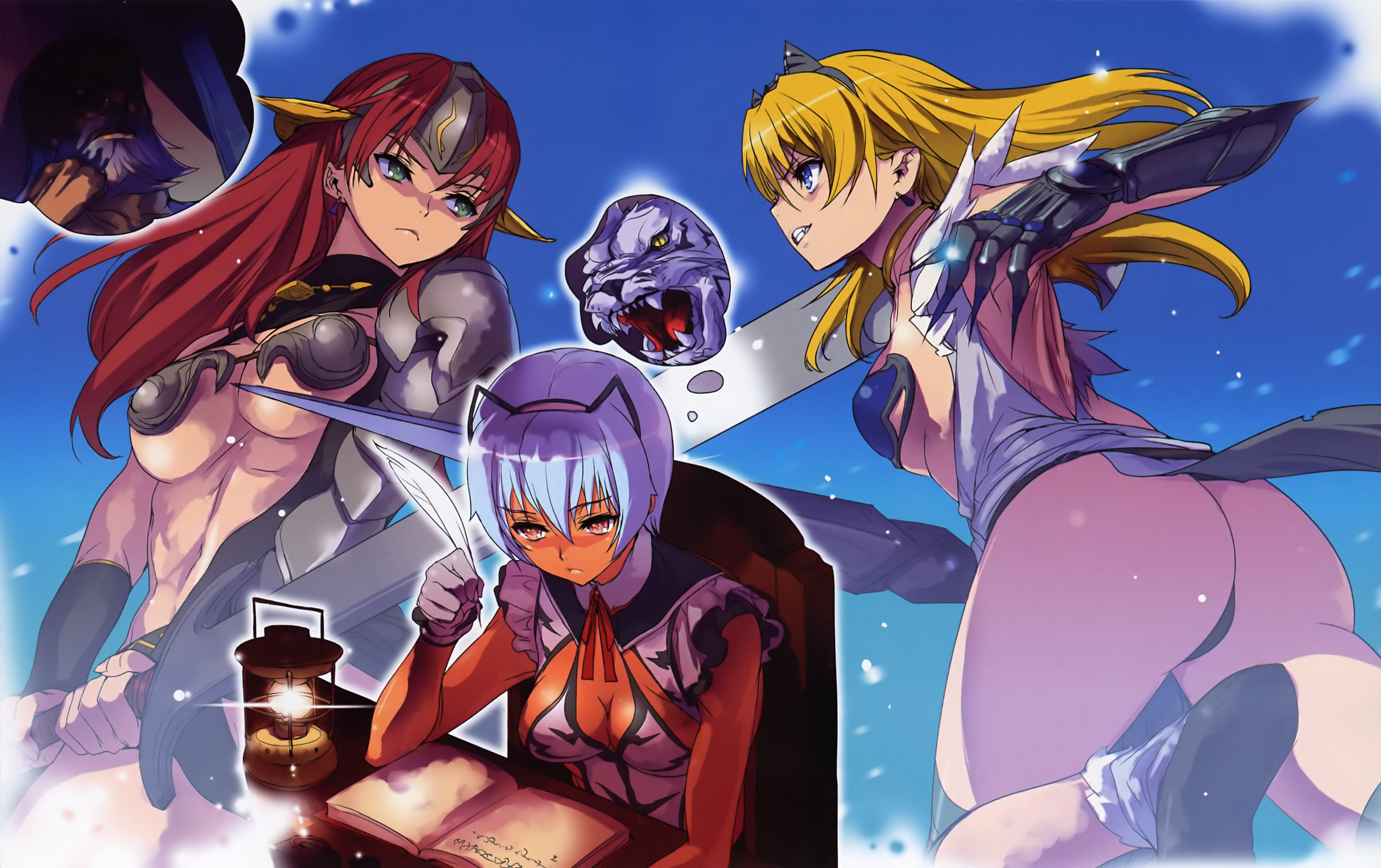 akaga hirotaka, captain of the royal guard elina, claudette (queen's blade), claudette lord of thundercloud, elina (queen's blade), fang assassin irma, irma (queen's blade), queen's blade, silver hair, absurdres, highres, 00s, 3girls, armor, armpits, ass, back, blonde hair, blue eyes, book, breasts, cleavage, dark-skinned female, dark skin, feathers, green eyes, hair between eyes, hair ornament, hairband, holding, holding sword, holding weapon, jewelry, lamp, large breasts, long hair, medium breasts, multiple girls, neck ring, necklace, outline, pauldrons, red eyes, red hair, shaded face, short hair, shoulder armor, sitting, speech bubble, standing, sword, thought bubble, tiger, toned, toned female, v-shaped eyebrows, weapon