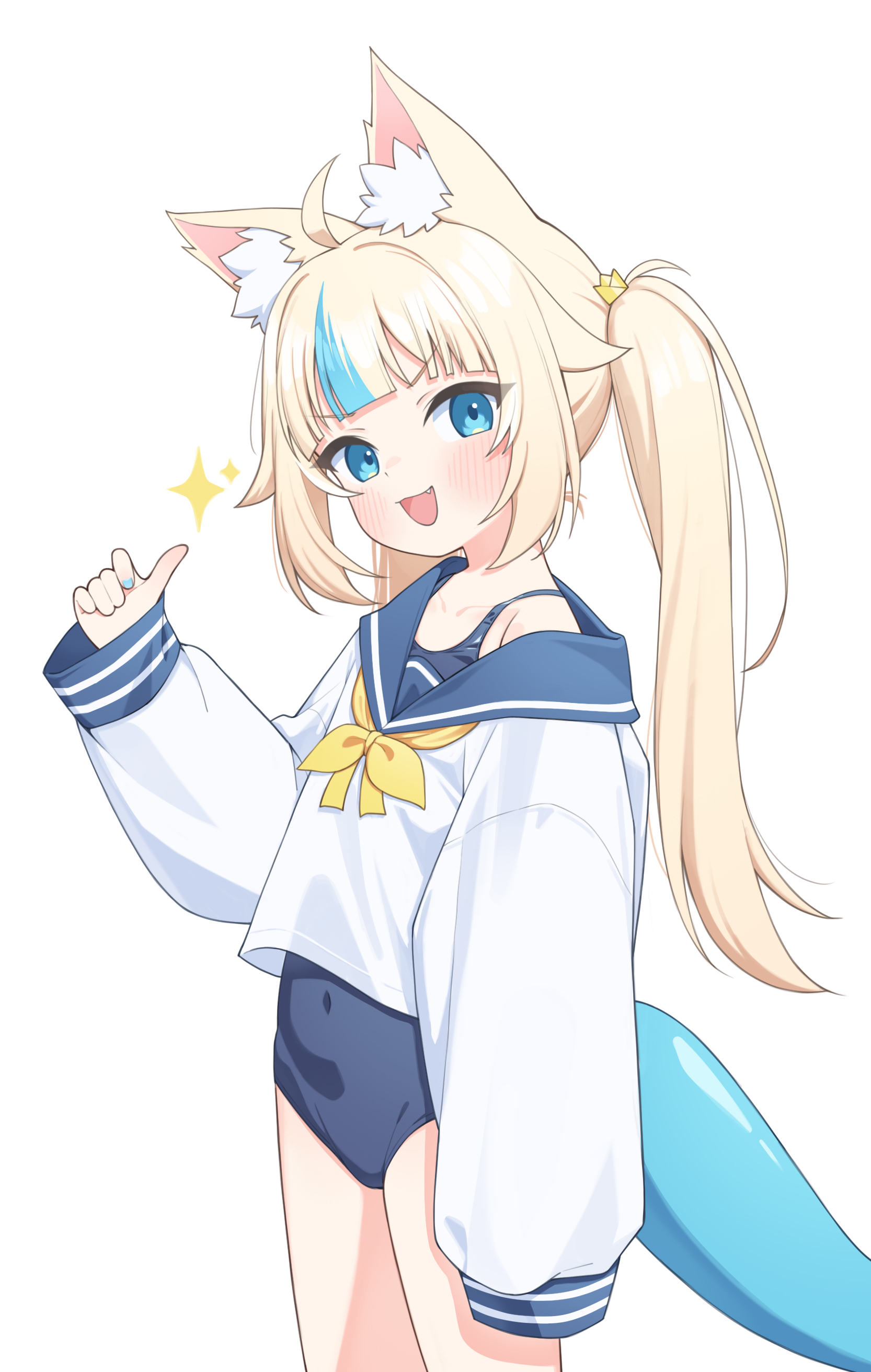 ugaaaa1, sameko saba, indie virtual youtuber, absurdres, commentary request, highres, korean commentary, 1girl, :d, ahoge, animal ear fluff, animal ears, blonde hair, blue eyes, blue nails, blue streaks, blunt bangs, blush, cat ears, covered navel, fang, fins, fish girl, fish tail, long hair, looking at viewer, multicolored hair, nail polish, one-piece swimsuit, open mouth, oversized clothes, sailor collar, sailor shirt, shirt, sidelocks, single sleeve past fingers, sleeves past wrists, smile, solo, sparkle, streaked hair, swimsuit, tail, thumbs up, twintails, virtual youtuber
