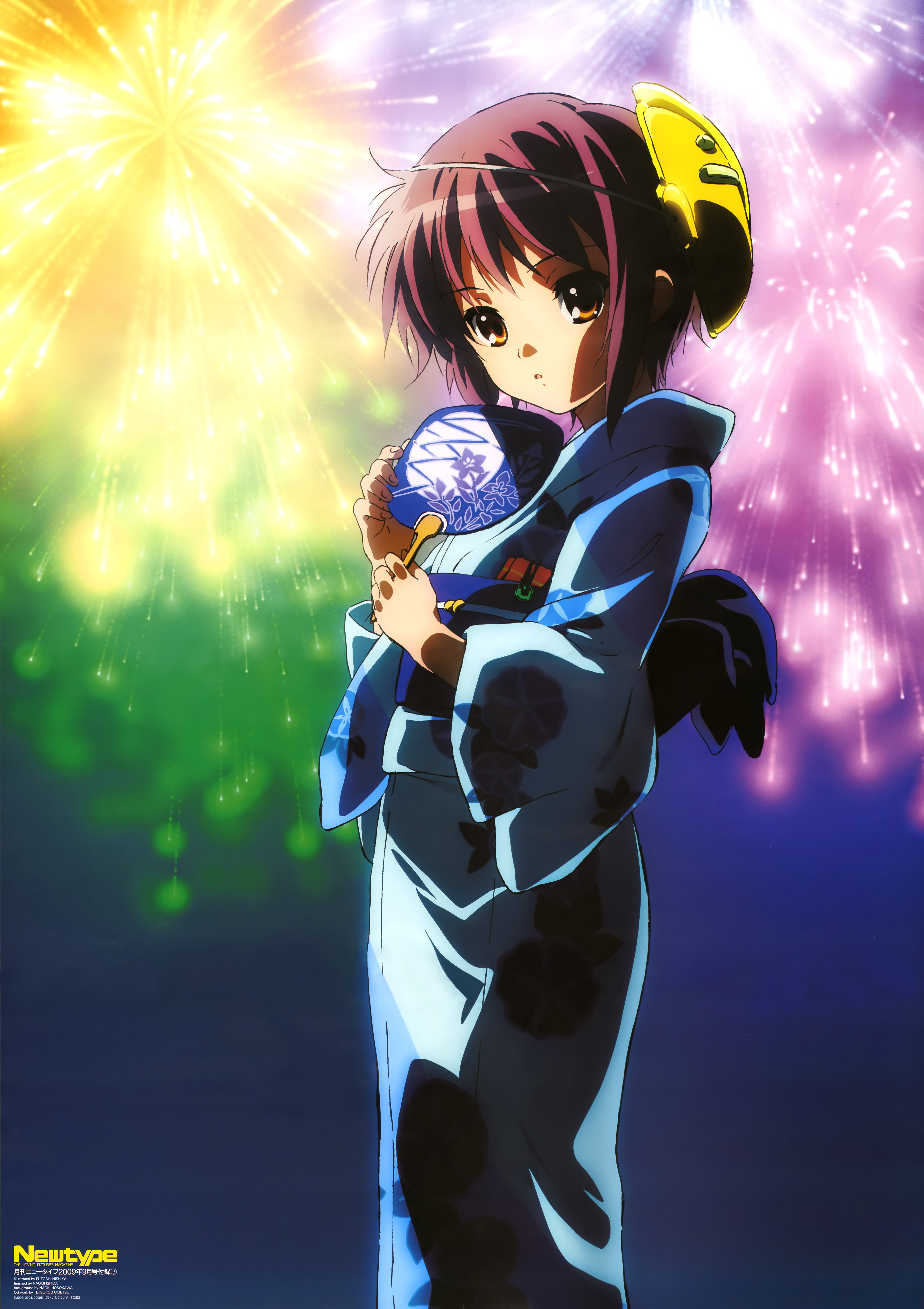 nishiya futoshi, nagato yuki, newtype, suzumiya haruhi no yuuutsu, absurdres, highres, non-web source, official art, 00s, 1girl, aerial fireworks, brown eyes, female focus, fireworks, hand fan, japanese clothes, kimono, mask, paper fan, purple hair, short hair, solo, suzymiya haruhi no yuuutsu, uchiwa, yukata