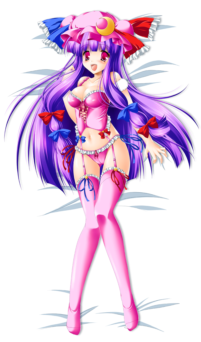 kamiya tomoe, patchouli knowledge, touhou, bad id, bad pixiv id, highres, 1girl, breasts, bustier, cameltoe, covered erect nipples, crescent, dakimakura (medium), female focus, full body, garter belt, hat, large breasts, lingerie, long hair, lying, panties, pink eyes, pink panties, purple hair, solo, thighhighs, underwear, very long hair