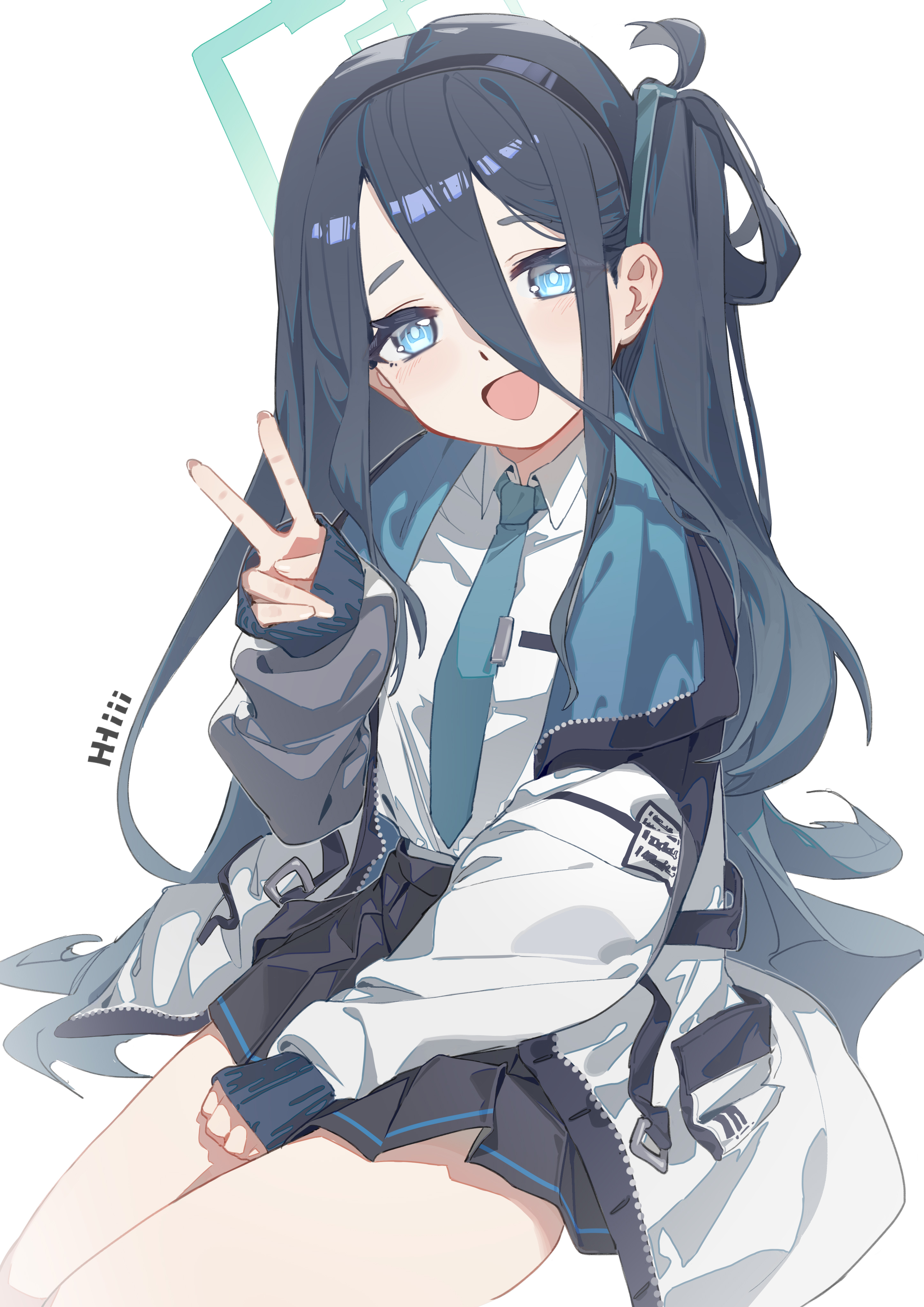 aris (blue archive), blue archive, absurdres, chinese commentary, commentary request, highres, partial commentary, 1girl, :d, aqua eyes, aqua halo, artist name, black hair, black hairband, black jacket, black skirt, blue jacket, blue necktie, bright pupils, collared shirt, cowboy shot, double-parted bangs, eyes visible through hair, grey jacket, hair between eyes, hairband, halo, hand on own thigh, hand up, head tilt, hyiii, jacket, long bangs, long hair, long hair between eyes, long sleeves, looking at viewer, miniskirt, multicolored jacket, necktie, one side up, open clothes, open jacket, open mouth, pinching sleeves, pleated skirt, puffy long sleeves, puffy sleeves, rectangular halo, ringed eyes, school uniform, shirt, shirt tucked in, sidelocks, simple background, sitting, skirt, sleeves past wrists, smile, solo, tie clip, two-sided fabric, two-sided jacket, unzipped, v, very long hair, white background, white jacket, white pupils, white shirt