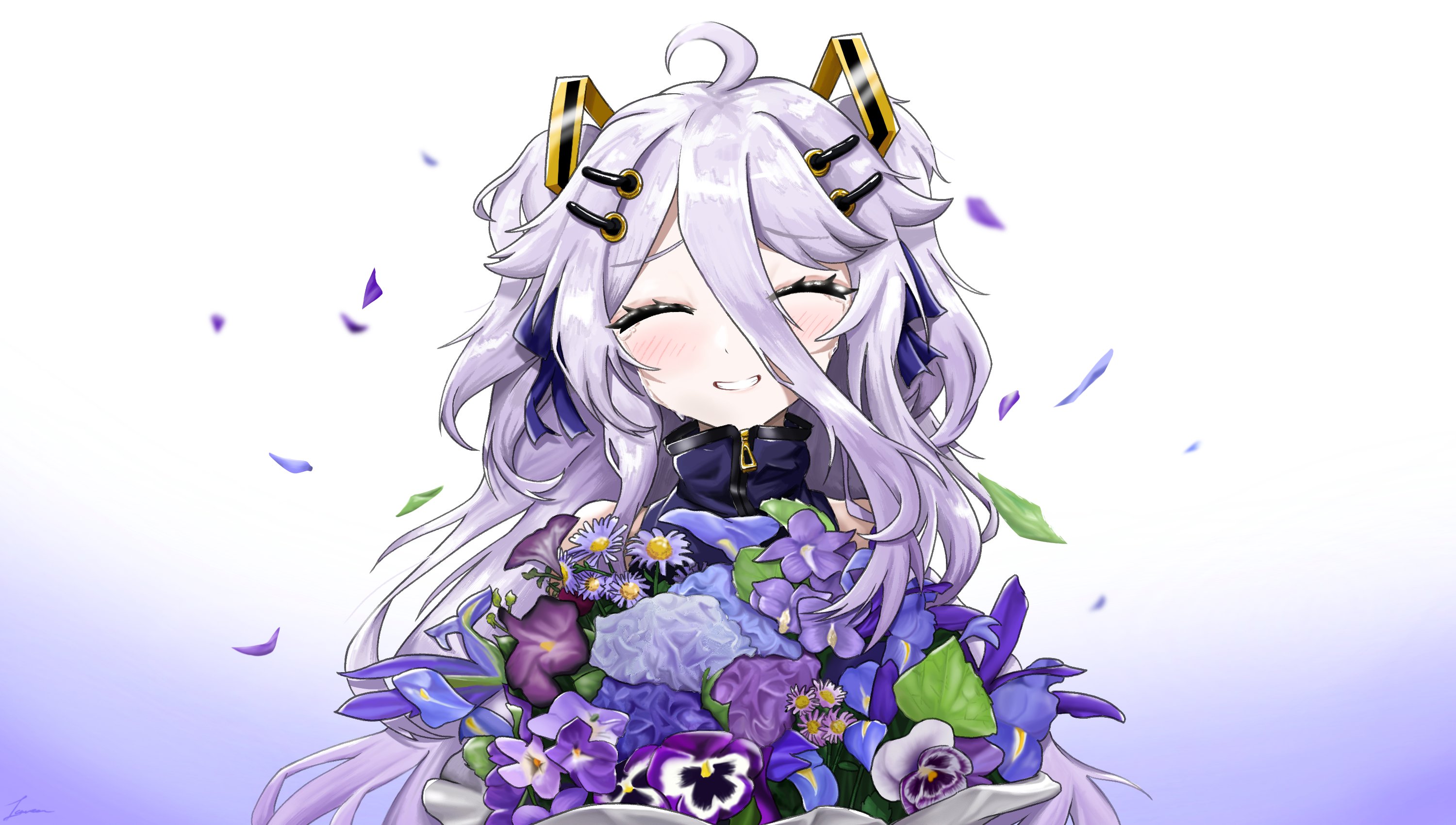 henya the genius, indie virtual youtuber, commentary request, highres, ahoge, blue flower, bouquet, closed eyes, crying, daisy (flower), eyelashes, falling petals, flower, hair between eyes, hair ornament, hair ribbon, hairclip, hydrangea, iris (flower), lavenproto, leaf, morning glory, pansy, petals, purple background, purple flower, purple hair, purple ribbon, ribbon, short twintails, smile, streaming tears, tears, twintails, violet (flower), white background