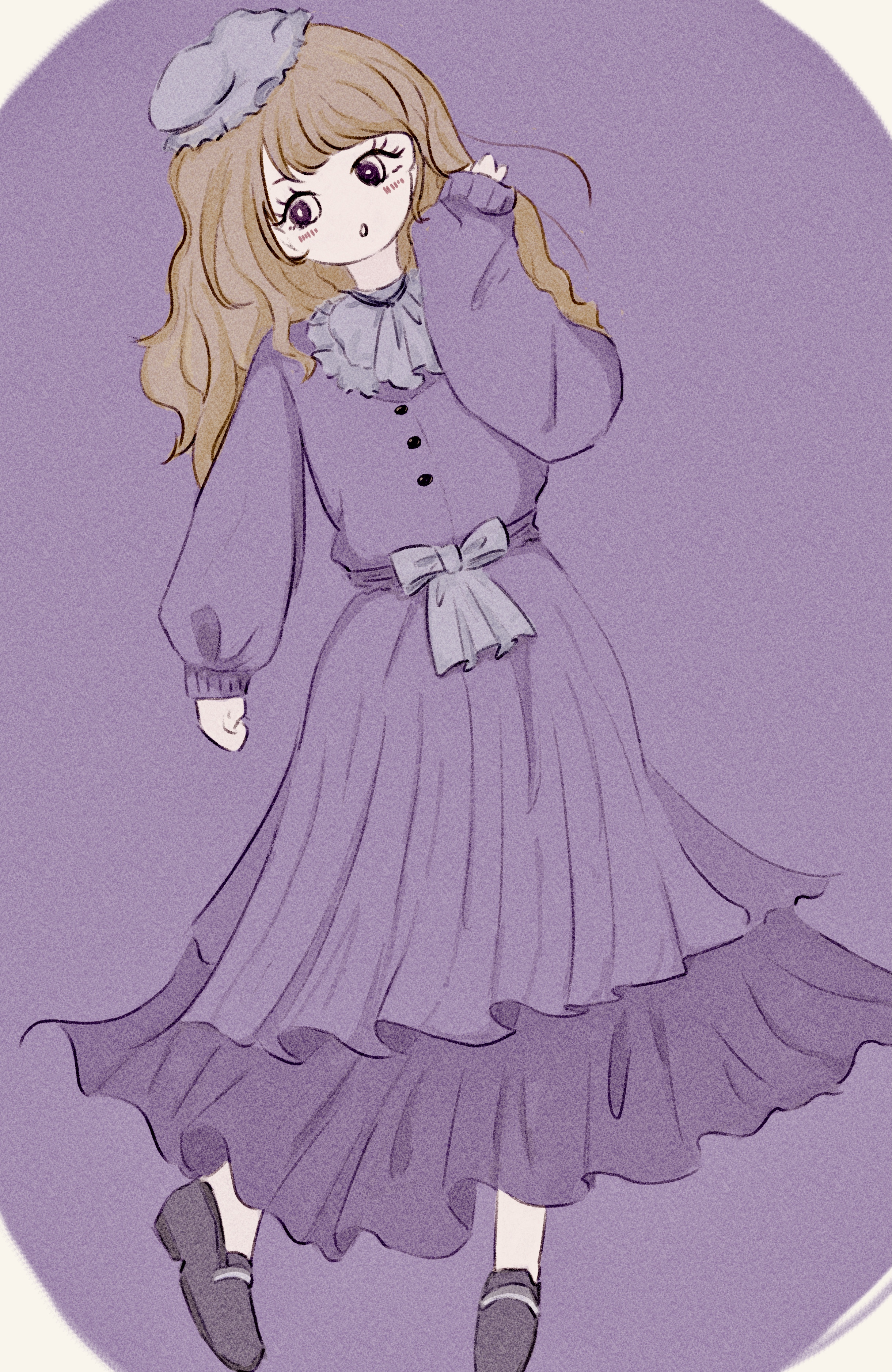 maribel hearn, touhou, absurdres, highres, 1girl, :o, alternate headwear color, black shoes, blonde hair, blush, bow, buttons, collared dress, contrast collar, dress, dress bow, frilled shirt collar, frills, fushianatan, grey bow, grey hat, hat, long dress, long hair, long sleeves, medium hair, mob cap, puffy long sleeves, puffy sleeves, purple background, purple dress, purple eyes, sash, shoes, sleeves past wrists, socks, solo, standing, two-tone dress, white socks