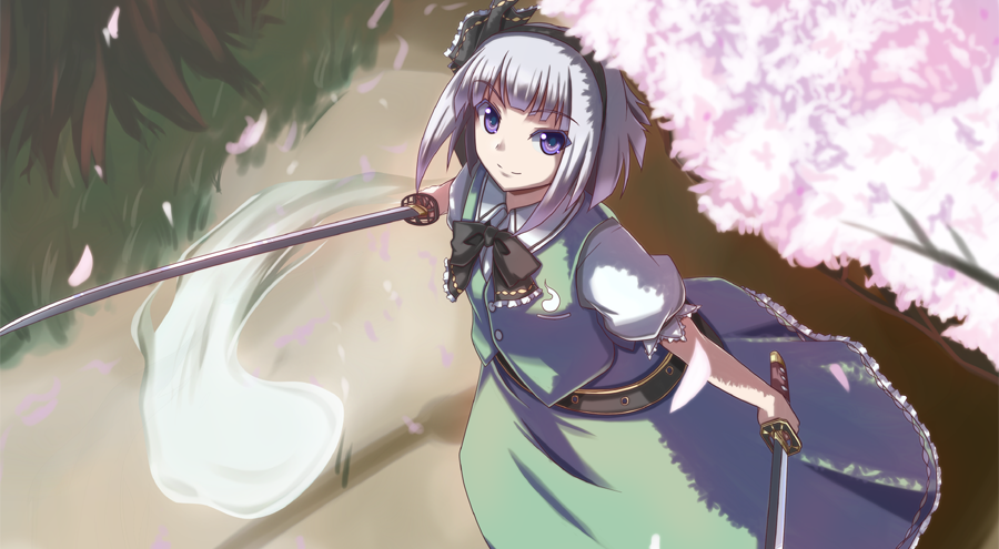 akiyasu, konpaku youmu, konpaku youmu (ghost), touhou, silver hair, 1girl, belt, bow, bowtie, cherry blossoms, dual wielding, female focus, from above, ghost, hairband, hitodama, holding, katana, looking up, petals, purple eyes, short hair, smile, solo, sword, weapon