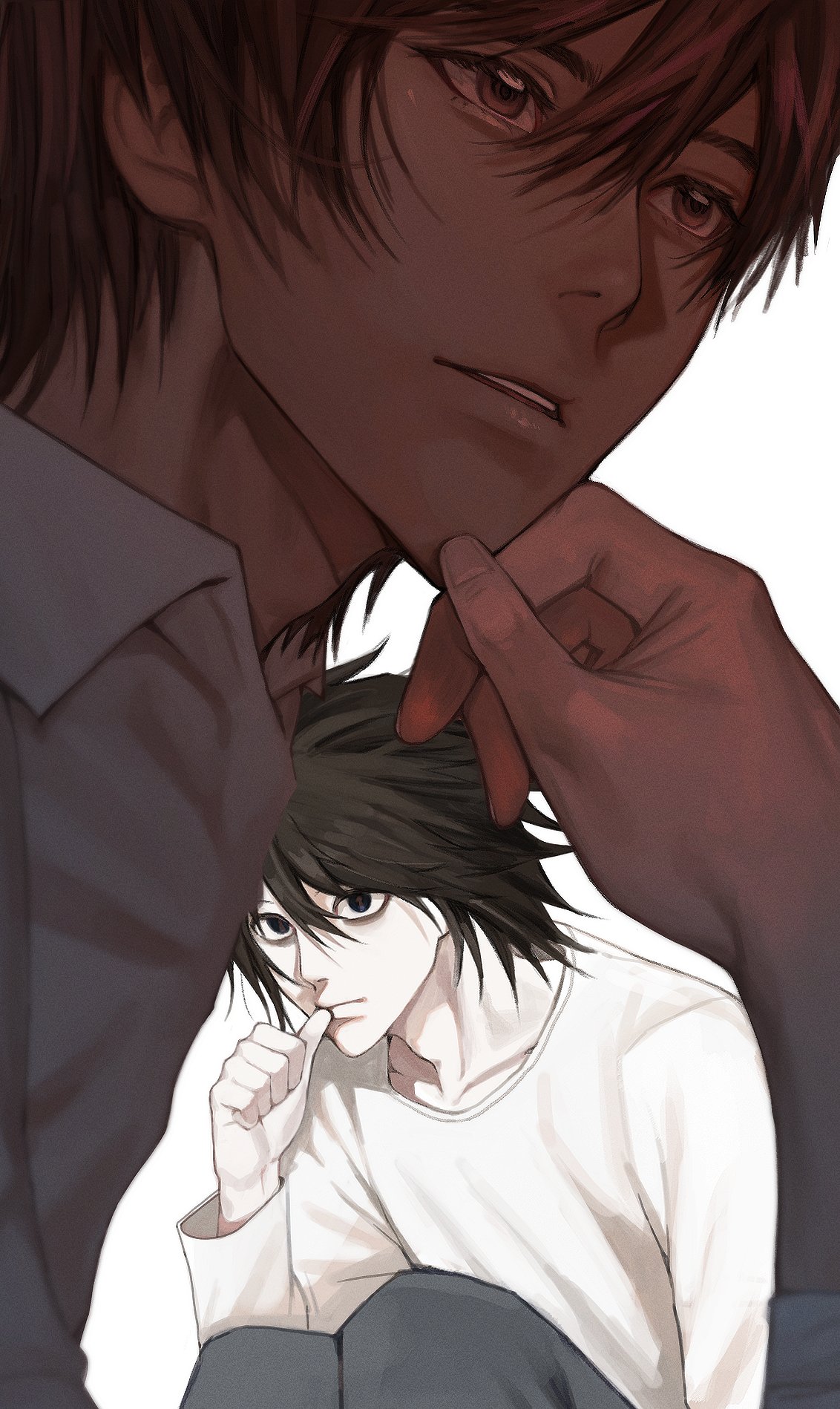 l (death note), yagami light, death note, commentary request, highres, korean commentary, 2boys, bags under eyes, black eyes, black hair, brown eyes, brown hair, collared shirt, grey pants, hand on own chin, looking at another, male focus, multiple boys, no eyebrows, pants, parted lips, puwowpu, shirt, short hair, thumb to mouth, upper body, white background, white shirt