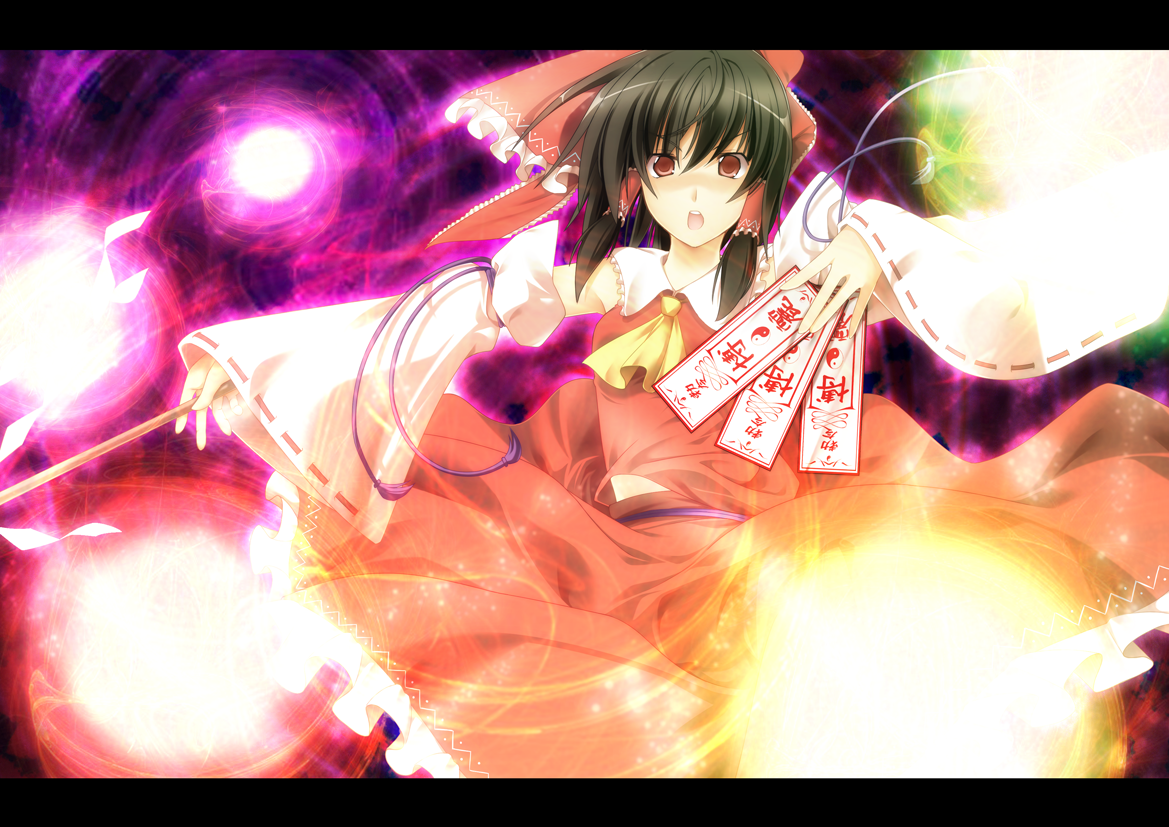 sakurame, hakurei reimu, touhou, 1girl, black hair, bow, danmaku, detached sleeves, female focus, gohei, hair bow, hair ribbon, japanese clothes, letterboxed, magic, miko, ofuda, open mouth, red eyes, ribbon, solo, spell card
