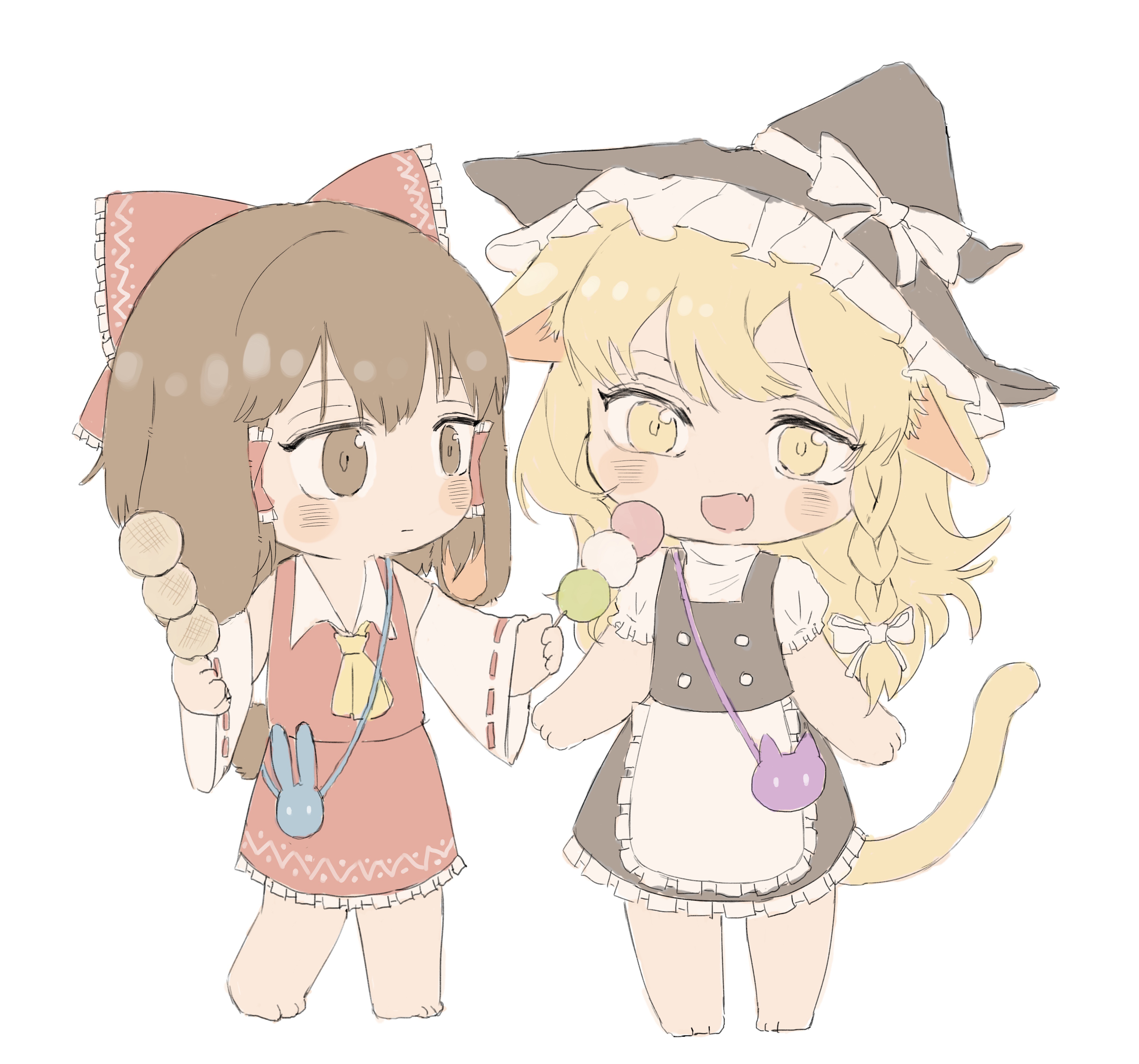 hakurei reimu, kirisame marisa, touhou, absurdres, chinese commentary, commentary request, highres, 2girls, animal bag, animal ear fluff, animal ears, apron, bag, bare shoulders, barefoot, black hat, black skirt, black vest, blonde hair, blue bag, bow, braid, brown hair, buttons, cat bag, cat ears, cat girl, cat tail, chibi, collared shirt, dango, detached sleeves, ears down, expressionless, feeding, flat color, food, frilled apron, frilled bow, frilled hair tubes, frilled headwear, frilled skirt, frilled sleeves, frills, hair bow, hair tubes, happy, hat, hat bow, holding, holding food, kemonomimi mode, large bow, long hair, long sleeves, looking at another, lop rabbit ears, medium hair, medium skirt, miaoliang01075, multiple girls, puffy short sleeves, puffy sleeves, purple bag, rabbit bag, rabbit ears, rabbit girl, rabbit tail, red bow, red skirt, ribbon-trimmed sleeves, ribbon trim, sanshoku dango, shirt, short sleeves, shoulder bag, side braid, simple background, single braid, skirt, skirt set, sleeveless, sleeveless shirt, tail, tsukimi dango, turtleneck, turtleneck shirt, vest, wagashi, waist apron, wavy hair, white apron, white background, white bow, white shirt, white sleeves, wide sleeves, witch hat
