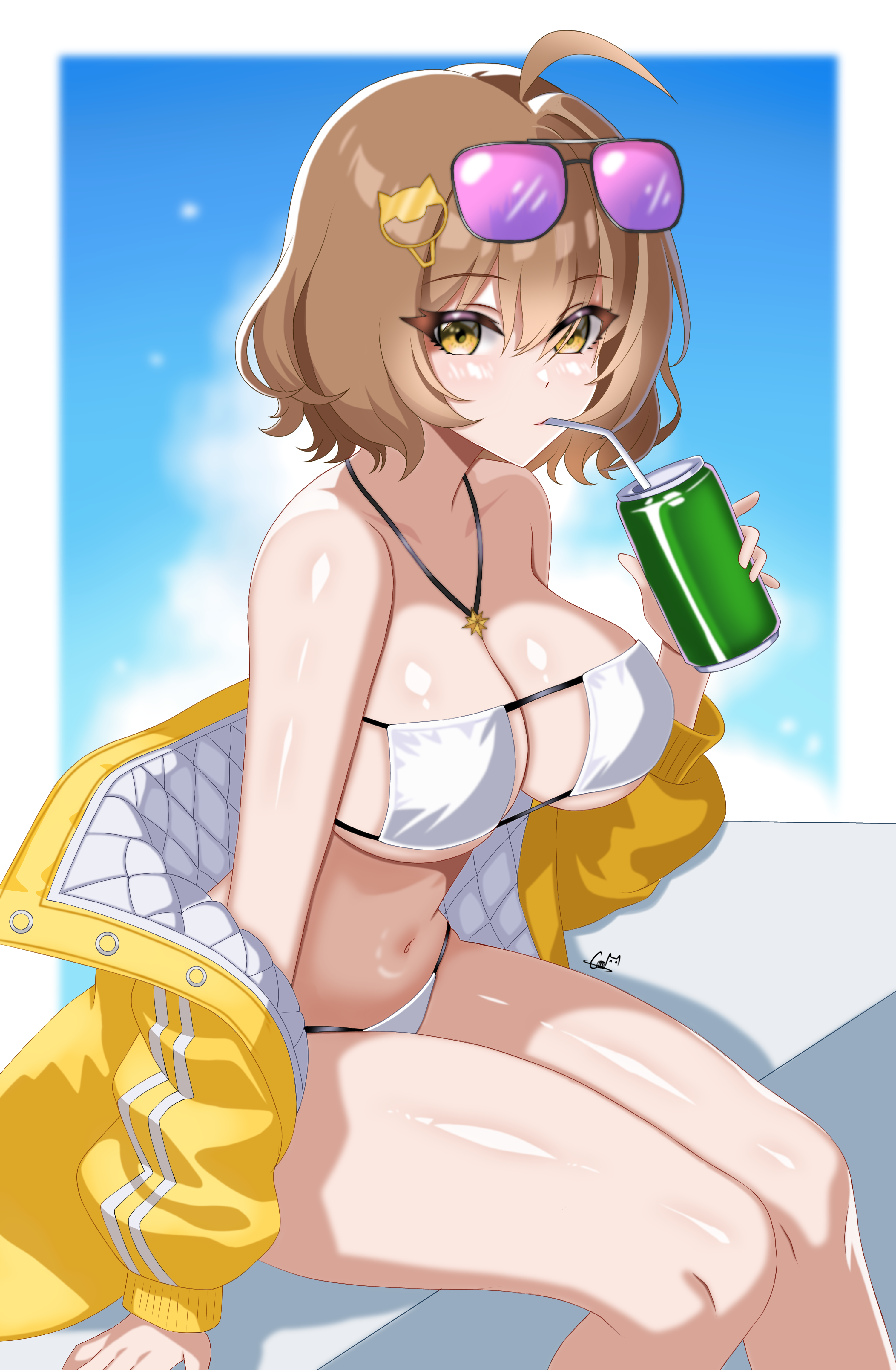 cats in abox, anis (nikke), anis (sparkling summer) (nikke), goddess of victory: nikke, absurdres, commentary, english commentary, highres, 1girl, bikini, breasts, brown eyes, brown hair, drinking straw, eyepatch bikini, jacket, large breasts, looking at viewer, shiny skin, short hair, sitting, solo, sunglasses, swimsuit, white bikini, yellow eyes, yellow jacket