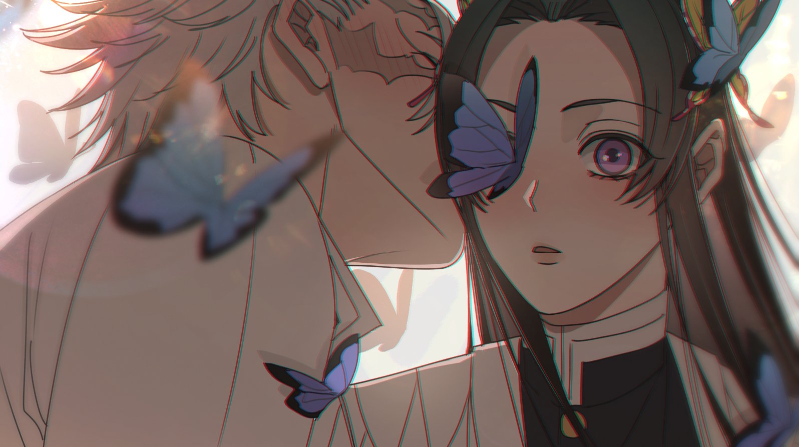 kochou kanae, shinazugawa sanemi, kimetsu no yaiba, 1boy, 1girl, animal print, black hair, black jacket, blue butterfly, bug, butterfly, butterfly hair ornament, butterfly over eye, butterfly print, butterfly print haori, closed eyes, demon slayer uniform, fpsejr gg, gold buttons, grey hair, hair ornament, haori, insect, jacket, japanese clothes, kissing hair, long hair, parted bangs, parted lips, print haori, purple eyes, scar, scar on face, short hair, straight hair, upper body, white background