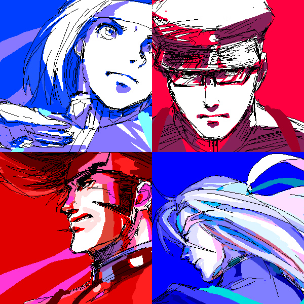 t-tom, tsutomu (artist), ippongi ryuuta, kikuchi shinta, saionji hayato, tanaka hajime, osu! tatakae! ouendan, looking away, 4boys, blue theme, gakuran, glasses, hat, headband, long hair, male focus, multiple boys, multiple monochrome, oekaki, portrait, red theme, school uniform, shako cap