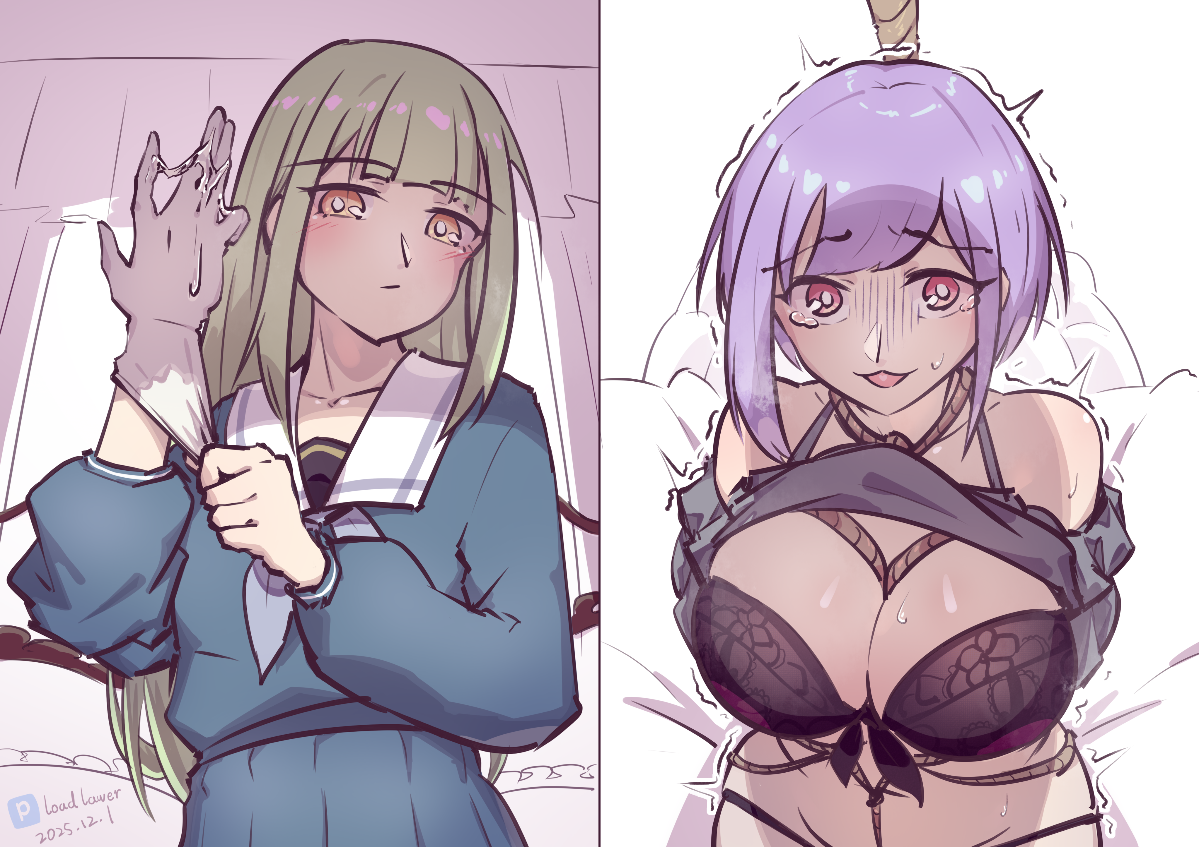 shriohalfarm, wakaba mutsumi, yuutenji nyamu, bang dream!, bang dream! it's mygo!!!!!, absurdres, commentary request, highres, artist name, bdsm, bondage, bound, breasts, dated, gloves, green hair, kidnapped, large breasts, looking at viewer, open mouth, purple hair, scared, school uniform, shibari, short hair, tears, white gloves, yuri