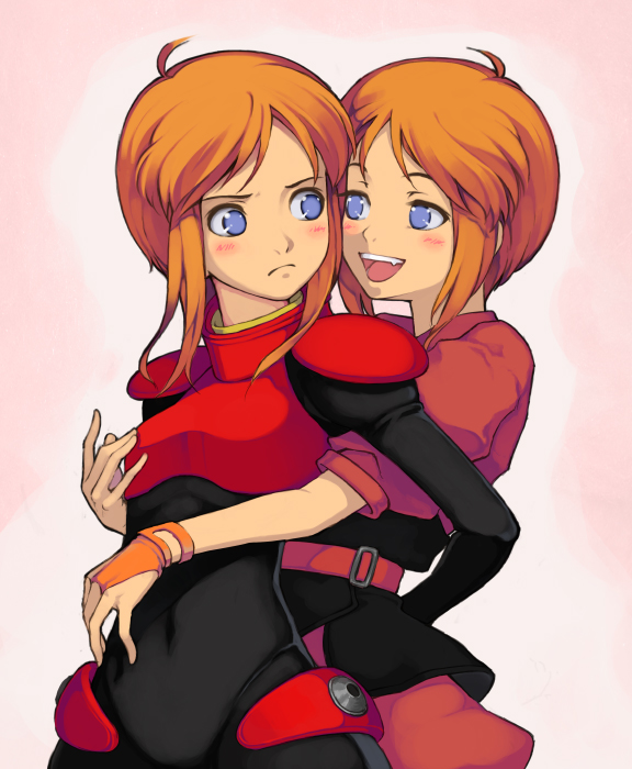 kurokurokuro, elpeo puru, puru two, gundam, gundam zz, pilot suit, bad id, bad pixiv id, 2girls, ahoge, annoyed, belt, blue eyes, blush, child, clone, fang, hug, multiple girls, naughty face, orange hair, short hair, siblings, sisters, smile, standing, twins, yuri