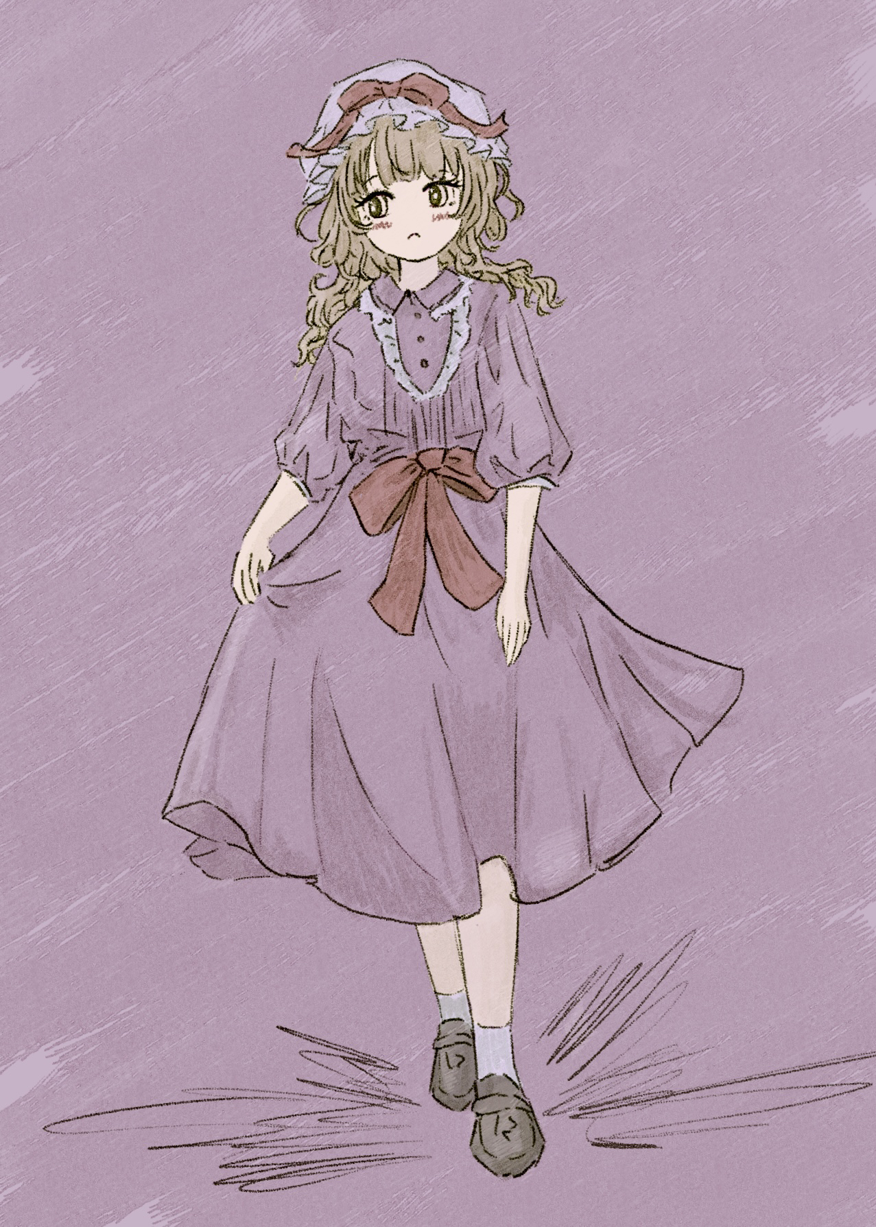 maribel hearn, touhou, highres, 1girl, alternate hairstyle, blonde hair, blush, bow, brown shoes, buttons, closed mouth, clothes lift, collared dress, dress, dress bow, frown, fushianatan, hat, hat bow, looking to the side, medium hair, mob cap, puffy sleeves, purple background, purple dress, red bow, shoes, skirt, skirt lift, sleeve cuffs, socks, solo, walking, white hat, white socks, yellow eyes