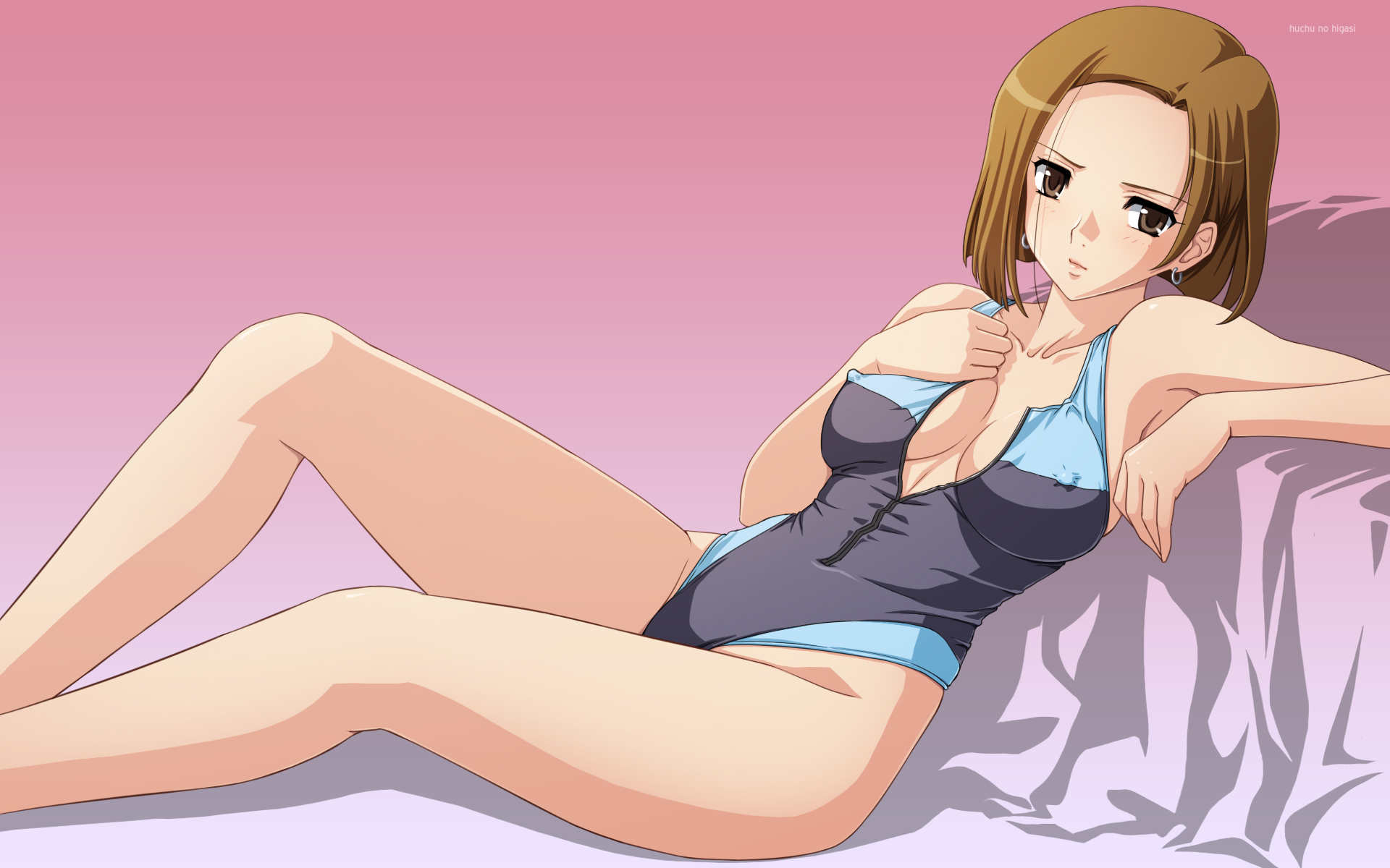 tadano akira, kinue crossroad, gundam, gundam 00, highres, 00s, 1girl, breasts, brown hair, cleavage, competition swimsuit, covered erect nipples, earrings, female focus, grey eyes, jewelry, legs, one-piece swimsuit, short hair, sitting, solo, swimsuit