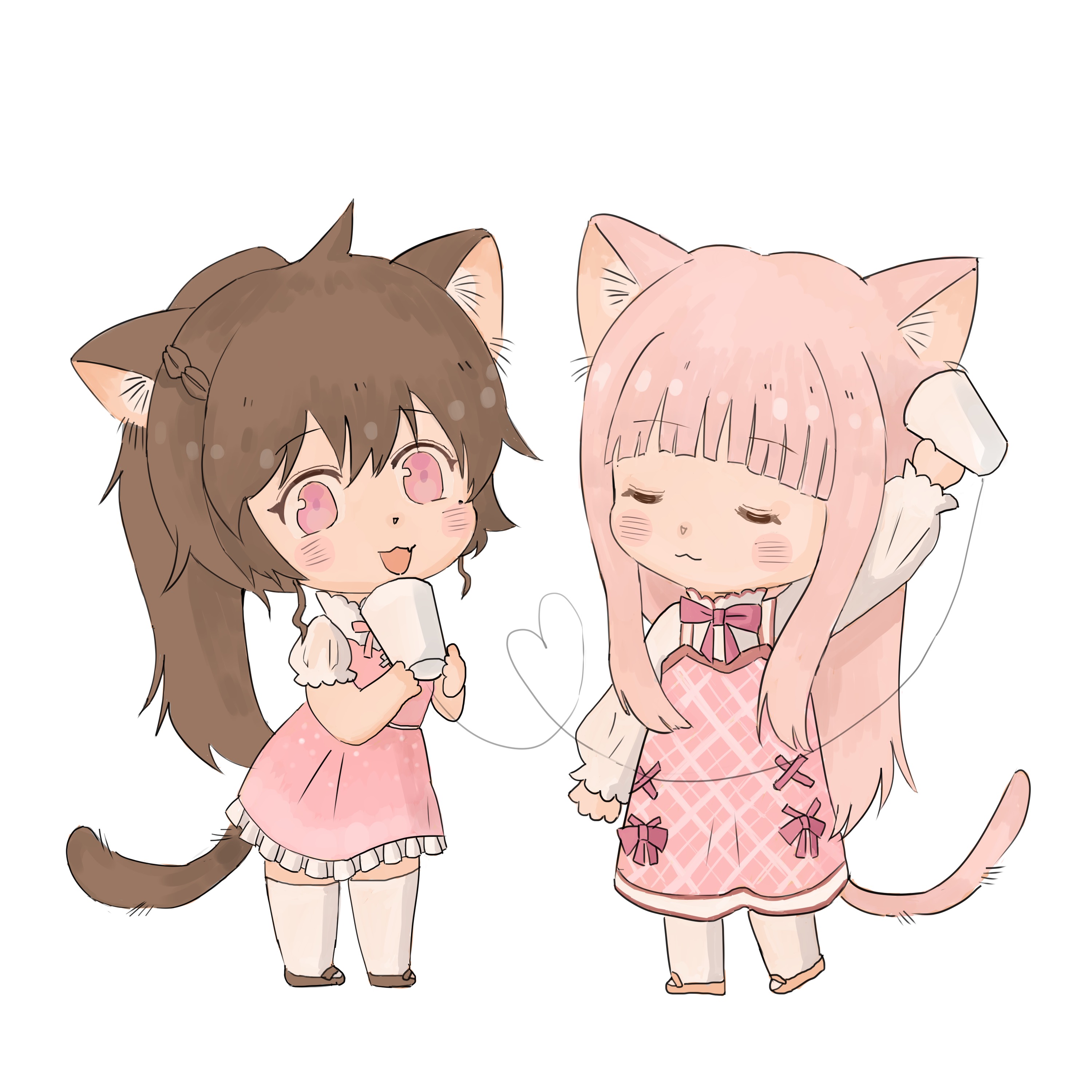 bloom poetry (shining nikki), nikki (nikki), nikki (series), shining nikki, absurdres, chinese commentary, commentary request, highres, 2girls, animal ear fluff, animal ears, bare arms, blunt bangs, blush stickers, bow, bowtie, braid, brown hair, brown shoes, cat ears, cat girl, cat tail, chibi, collared shirt, cross-laced clothes, cross-laced dress, cup, dot nose, dress, dress bow, eyelashes, fang, floral print, frilled dress, frilled sleeves, frills, hair between eyes, half up braid, happy, heart, heart of string, high collar, holding, holding cup, kemonomimi mode, listening, long hair, long sidelocks, long sleeves, looking at viewer, mary janes, medium dress, miaoliang01075, multiple girls, open mouth, pantyhose, pinafore dress, pink bow, pink bowtie, pink dress, pink eyes, pink hair, plaid clothes, plaid dress, ponytail, print dress, puffy long sleeves, puffy short sleeves, puffy sleeves, red bow, red bowtie, see-through clothes, see-through sleeves, shirt, shoes, short dress, short sleeves, sidelocks, simple background, skin fang, sleeveless, sleeveless dress, smile, standing, straight hair, strapless, strapless dress, stylist (nikki), tail, tareme, thighhighs, very long hair, white background, white pantyhose, white shirt, white thighhighs, yuri, zettai ryouiki