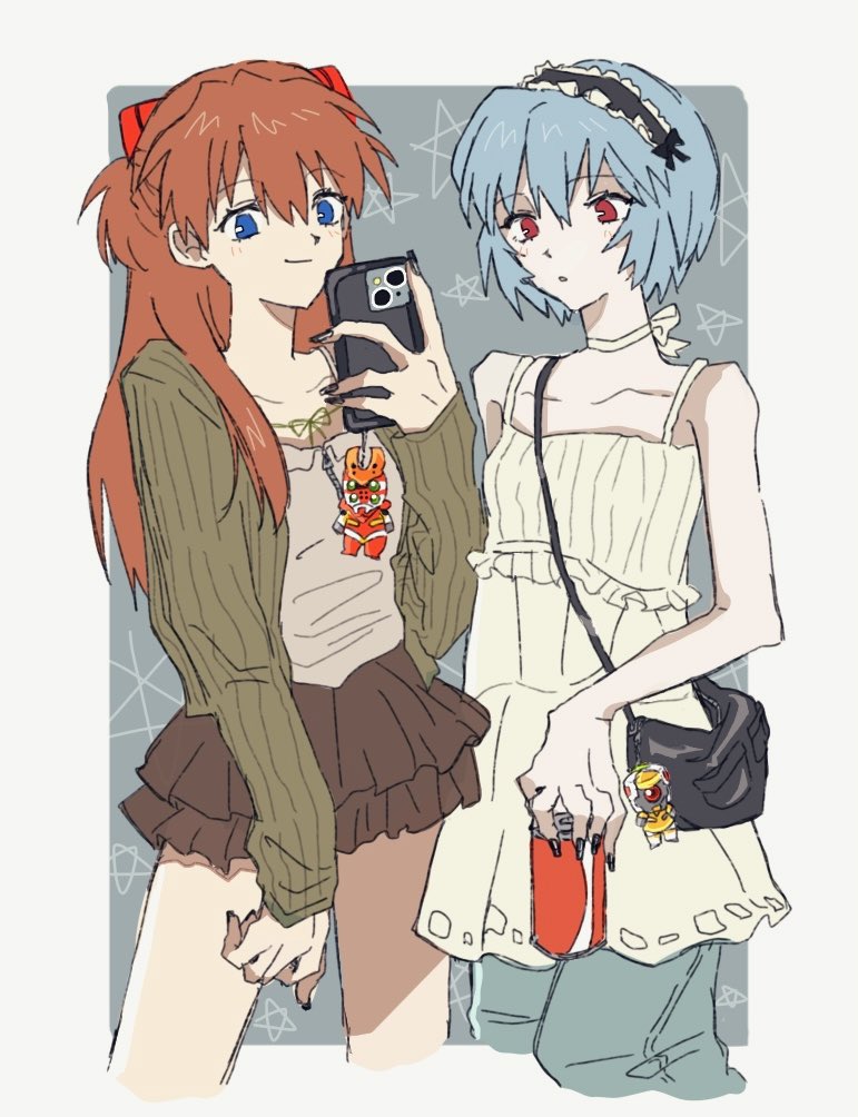 ayanami rei, souryuu asuka langley, neon genesis evangelion, 2girls, bag, bare shoulders, black bag, black hairband, black nails, blue eyes, blue pants, border, breasts, brown skirt, can, cardigan, cellphone, cellphone charm, charm (object), choker, closed mouth, collared shirt, cowboy shot, denim, green cardigan, grey background, grey shirt, hair between eyes, hairband, half updo, headgear, holding, holding can, holding phone, jeans, kws spz, light smile, long hair, medium breasts, miniskirt, multiple girls, nail polish, pants, phone, red eyes, red hair, ribbon choker, shirt, short hair, short twintails, shoulder bag, skirt, sleeveless, sleeveless shirt, smartphone, twintails, white border, white choker, white shirt