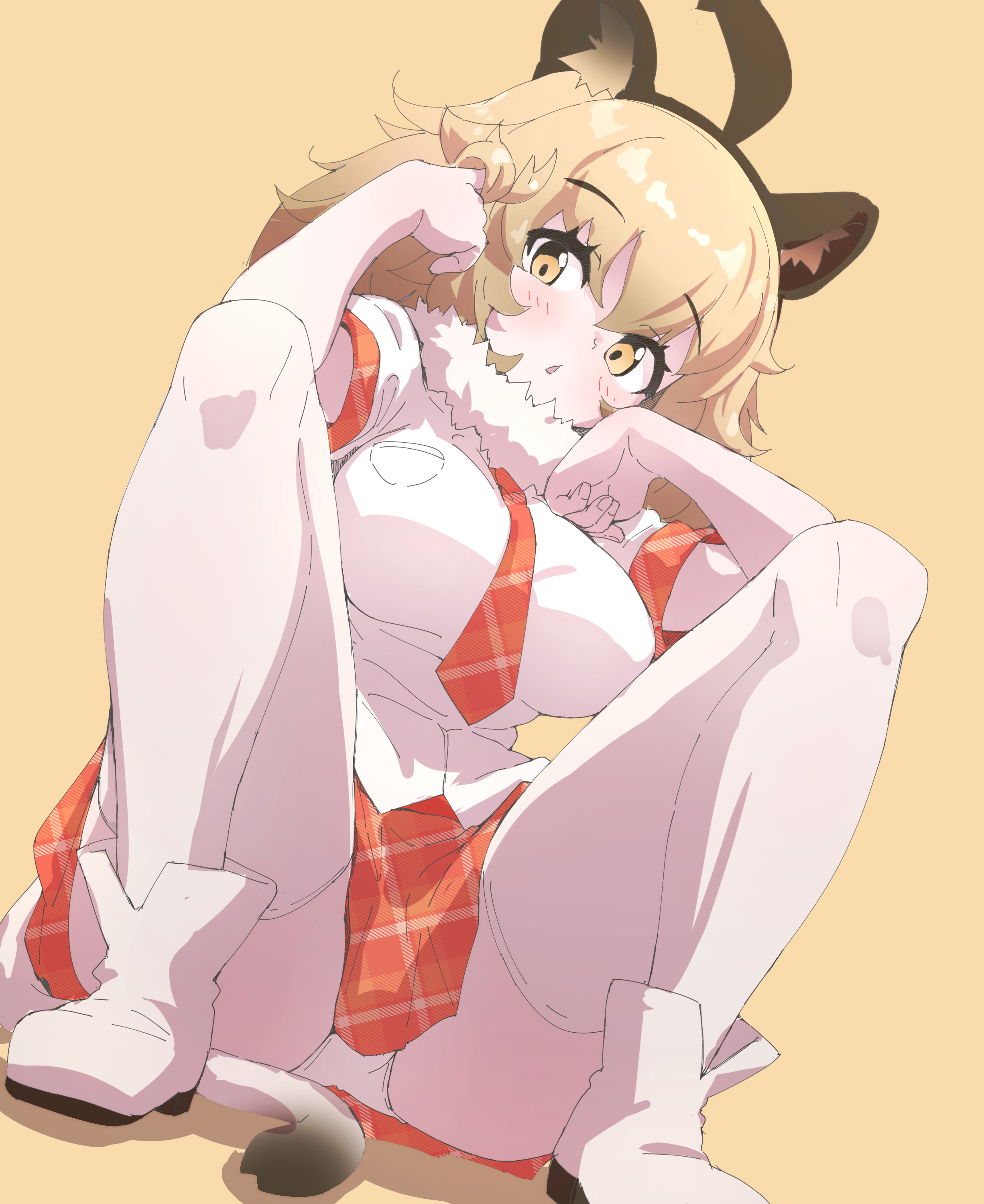 lowlandgorilla, lion (kemono friends), kemono friends, absurdres, commentary request, highres, 1girl, animal ears, blonde hair, blush, brown background, extra ears, lion ears, lion girl, lion tail, long hair, looking at viewer, necktie, panties, scarf, shirt, shoes, simple background, sitting, skirt, solo, tail, thighhighs, underwear, yellow eyes