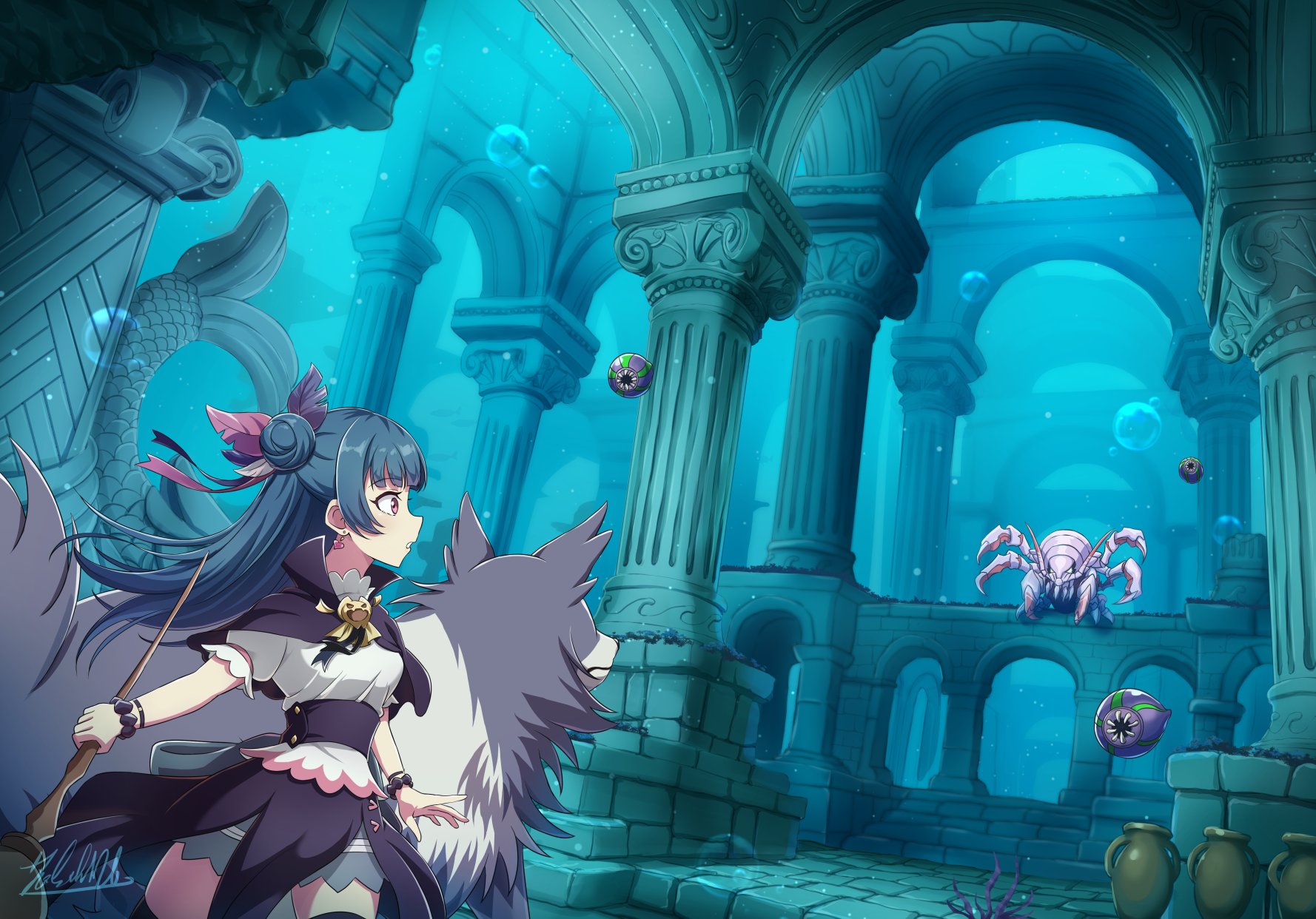 satolive20, lailaps (genjitsu no yohane), tsushima yoshiko, yohane (genjitsu no yohane), genjitsu no yohane, love live!, love live! sunshine!!, commentary request, highres, 1girl, black capelet, black thighhighs, blue hair, brooch, capelet, cowboy shot, grey skirt, hair bun, jewelry, long hair, miniskirt, monster, pink eyes, puffy short sleeves, puffy sleeves, shirt, short sleeves, signature, single side bun, skirt, standing, thighhighs, underwater, white shirt, zettai ryouiki