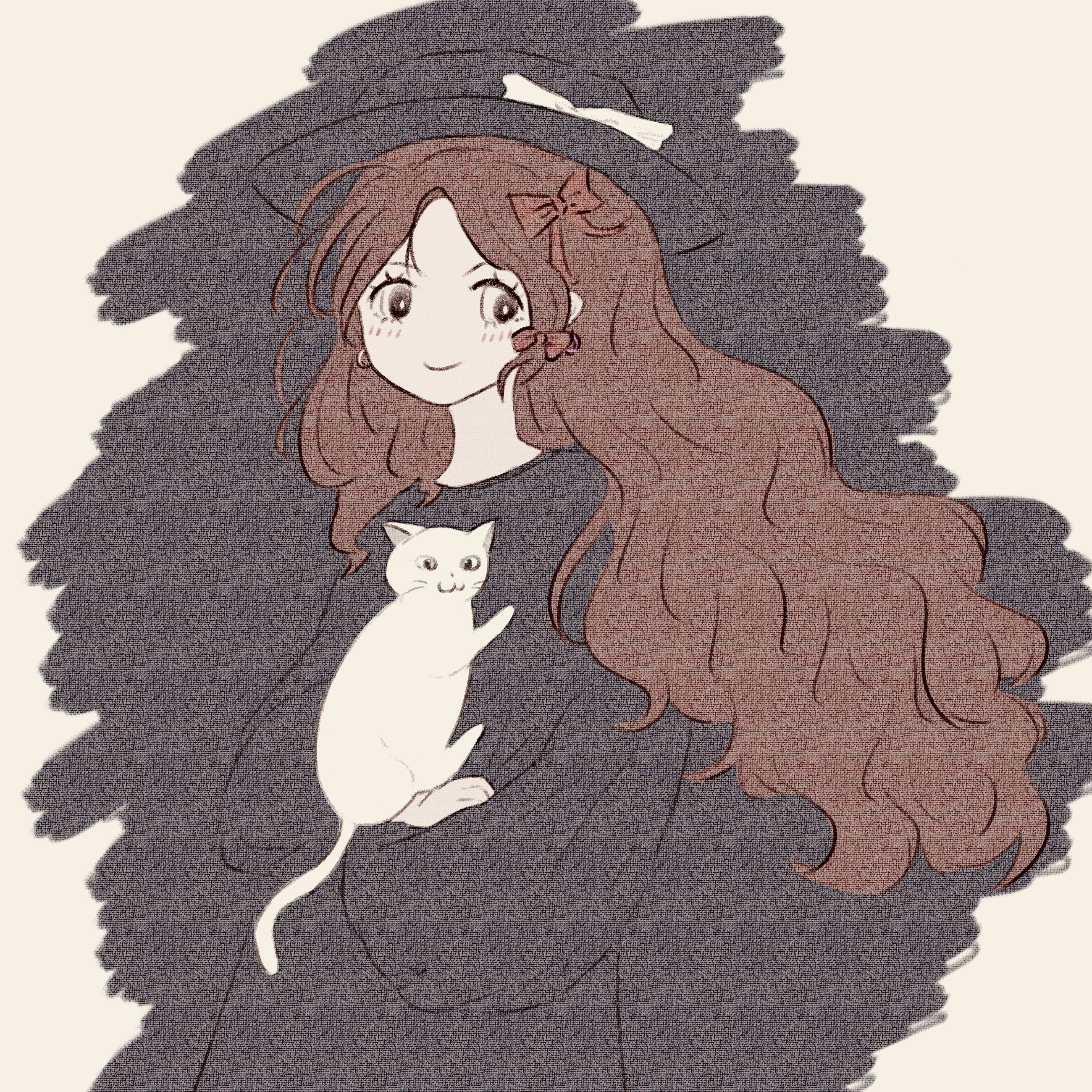 usami renko, touhou, absurdres, highres, 1girl, alternate hair length, alternate hairstyle, animal, animal hug, black hat, black shirt, blush, bow, brown eyes, brown hair, cat, closed mouth, earrings, fushianatan, hair bow, hat, hat bow, holding, holding animal, hoop earrings, jewelry, looking at viewer, red bow, shirt, smile, solo, wavy hair, white background, white cat