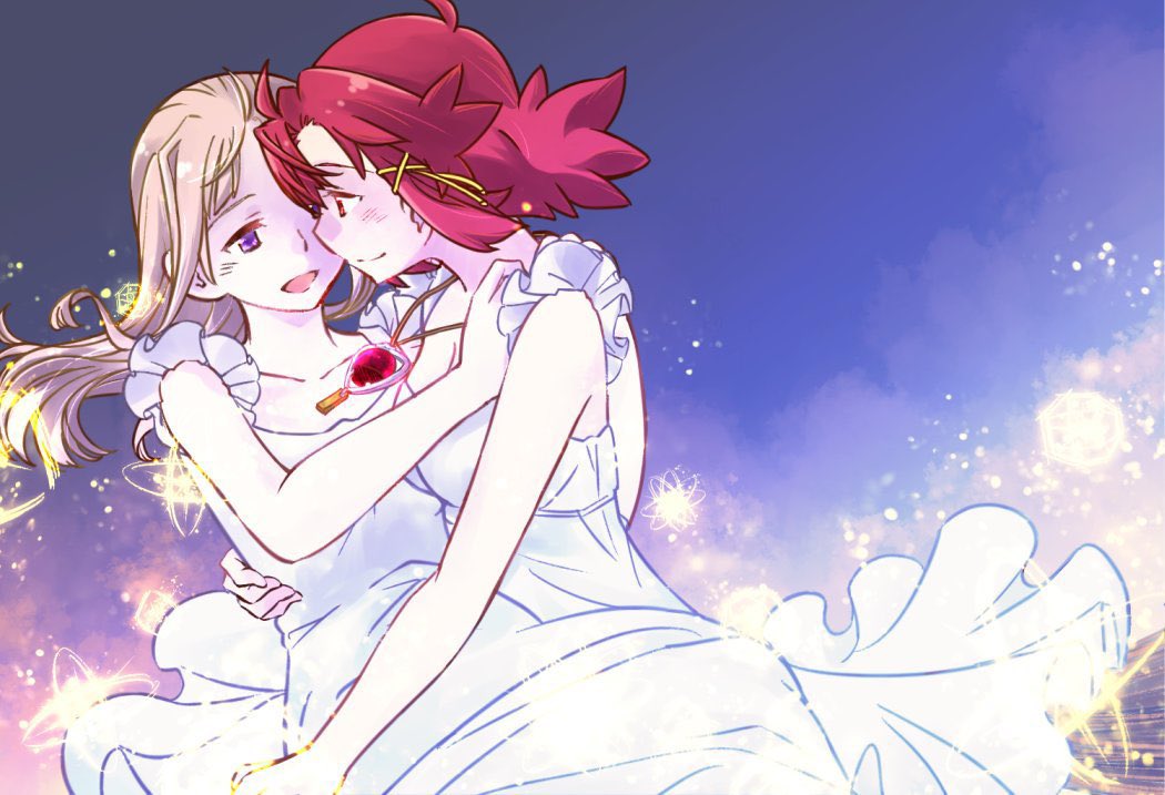 takemaru80, izetta, ortfine fredericka von eylstadt, shuumatsu no izetta, commentary request, 2girls, blush, brown hair, carrying, closed mouth, dress, eye contact, hand on another's waist, jewelry, long hair, looking at another, magic, medium hair, multiple girls, necklace, open mouth, outdoors, princess carry, purple eyes, red eyes, red hair, smile, white dress, yuri