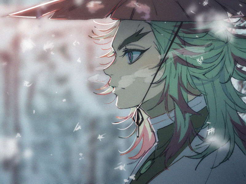 rengoku kyoujurou, kimetsu no yaiba, 1boy, black jacket, blonde hair, blurry, blurry background, blurry foreground, colored tips, demon slayer uniform, forked eyebrows, fpsejr gg, gold buttons, haori, jacket, japanese clothes, long hair, male focus, multicolored hair, profile, red hair, sidelocks, snow, snowing, solo, steam, two-tone hair, upper body, white haori, wide brim